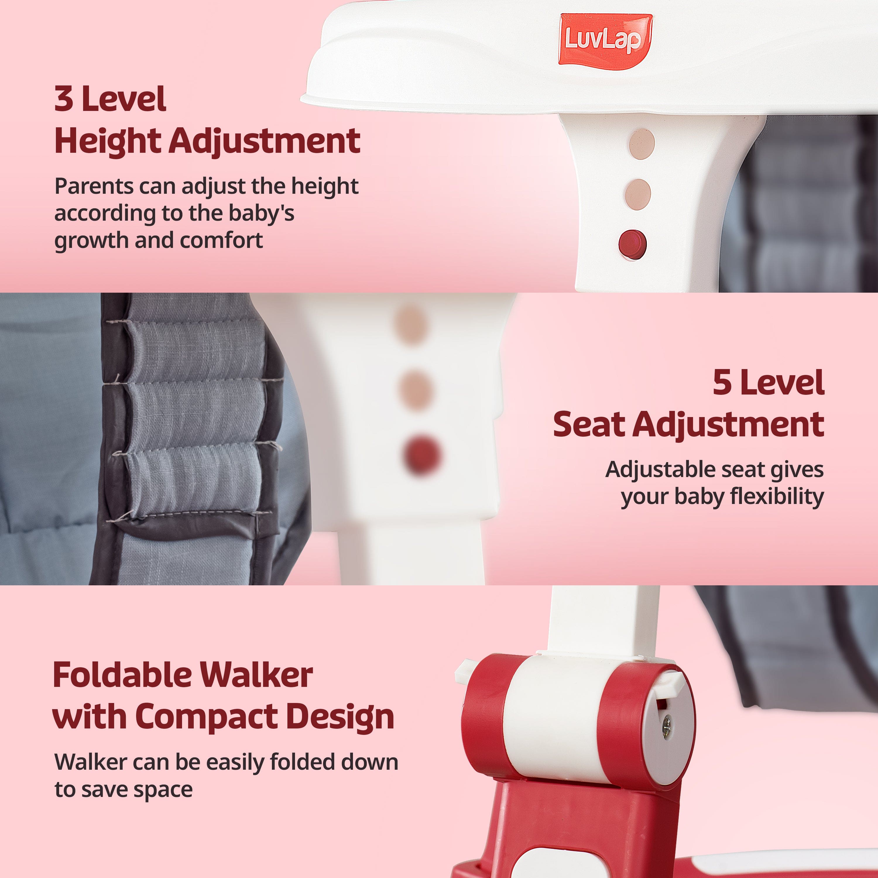 LuvLap Elegant 360° Baby Walker 9+ Months | 3 Level Height Adjustment Walker/Advanced Baby Activity Walker, Raspberry