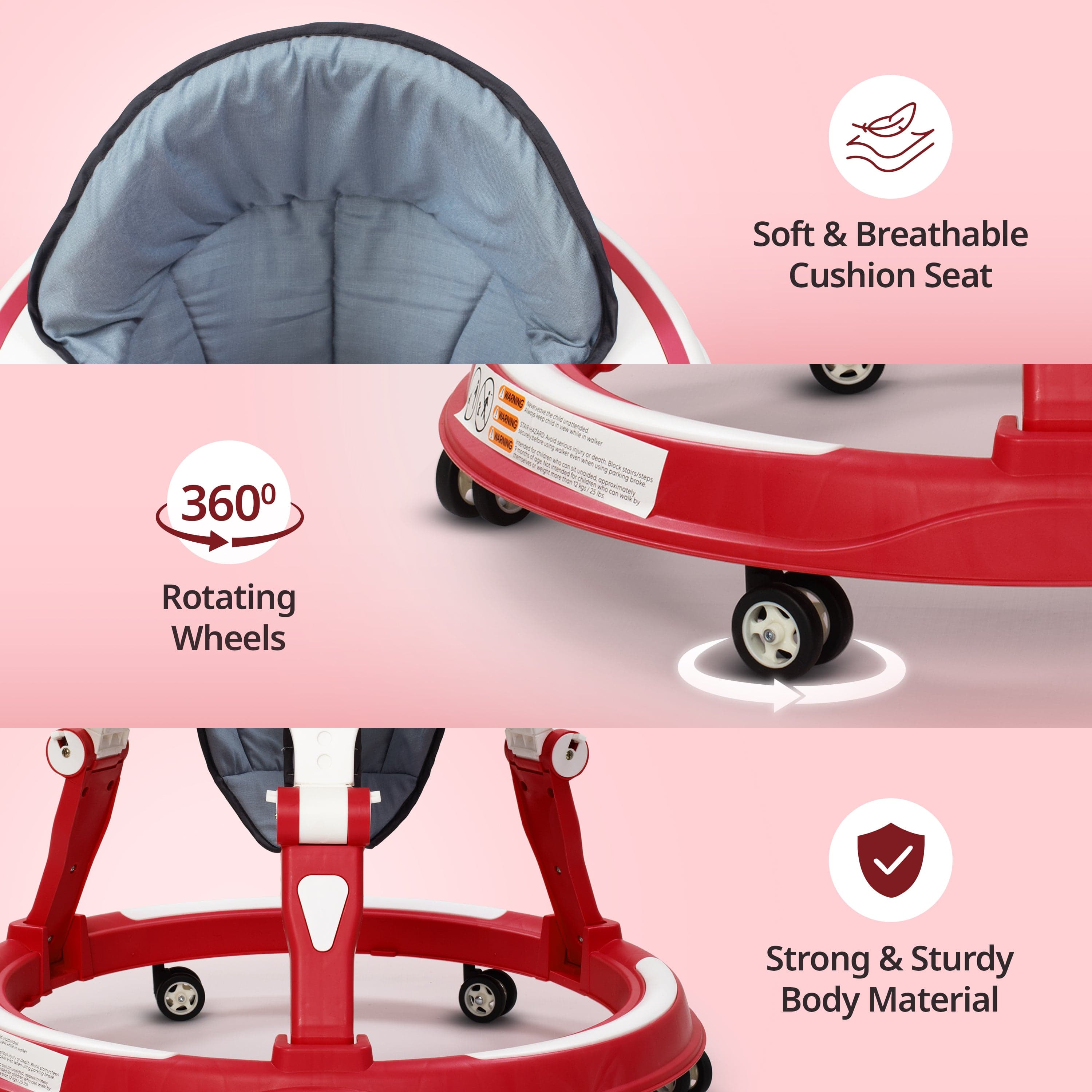 LuvLap Elegant 360° Baby Walker 9+ Months | 3 Level Height Adjustment Walker/Advanced Baby Activity Walker, Raspberry