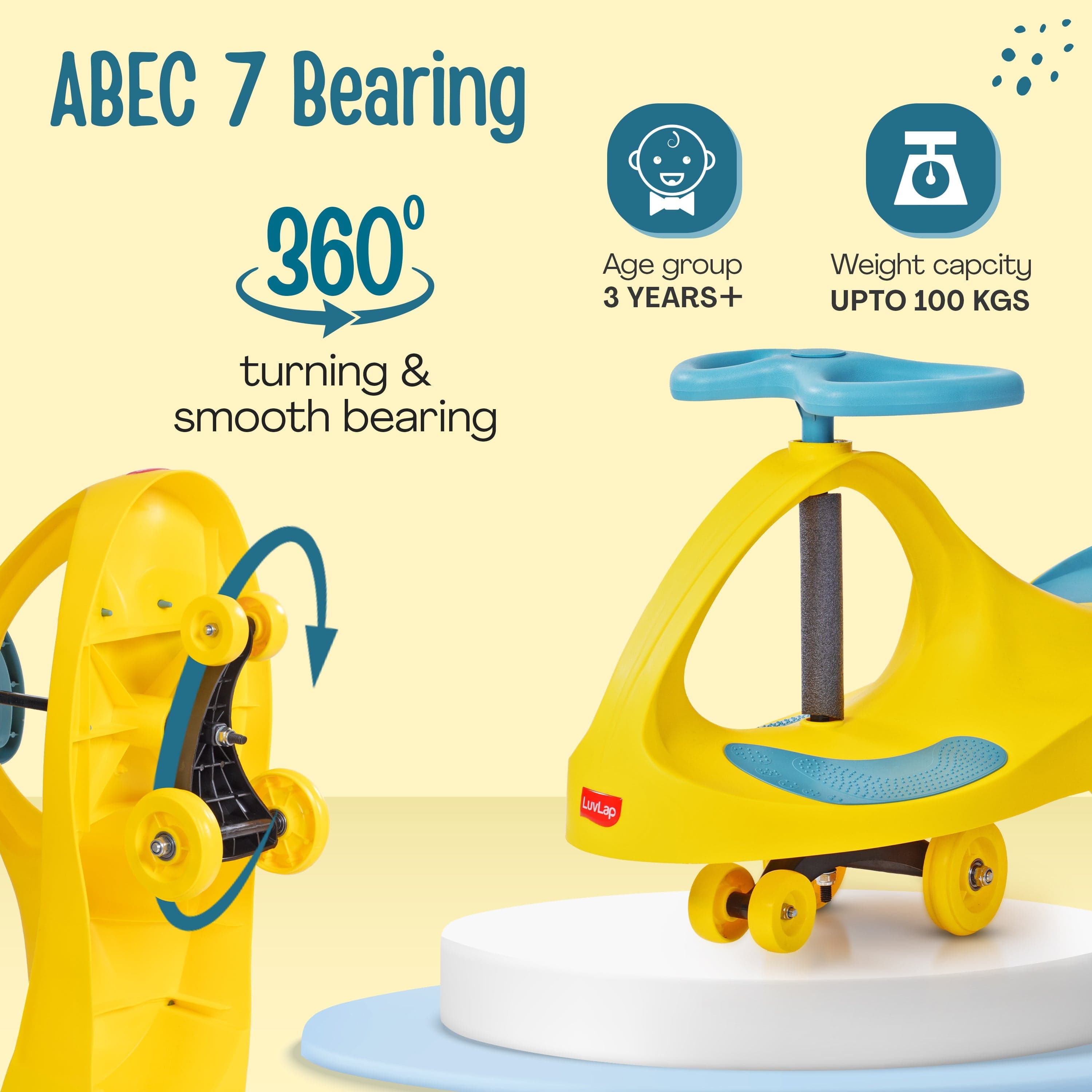 LuvLap Sunshine Swing Car, Push Car, Swing Car for Kids, Comfortable Seats & Durable, Smooth Wheels, Baby Car, Magic Toy, Ride On Toy, Kids Car, 3+ Years, Yellow & Green