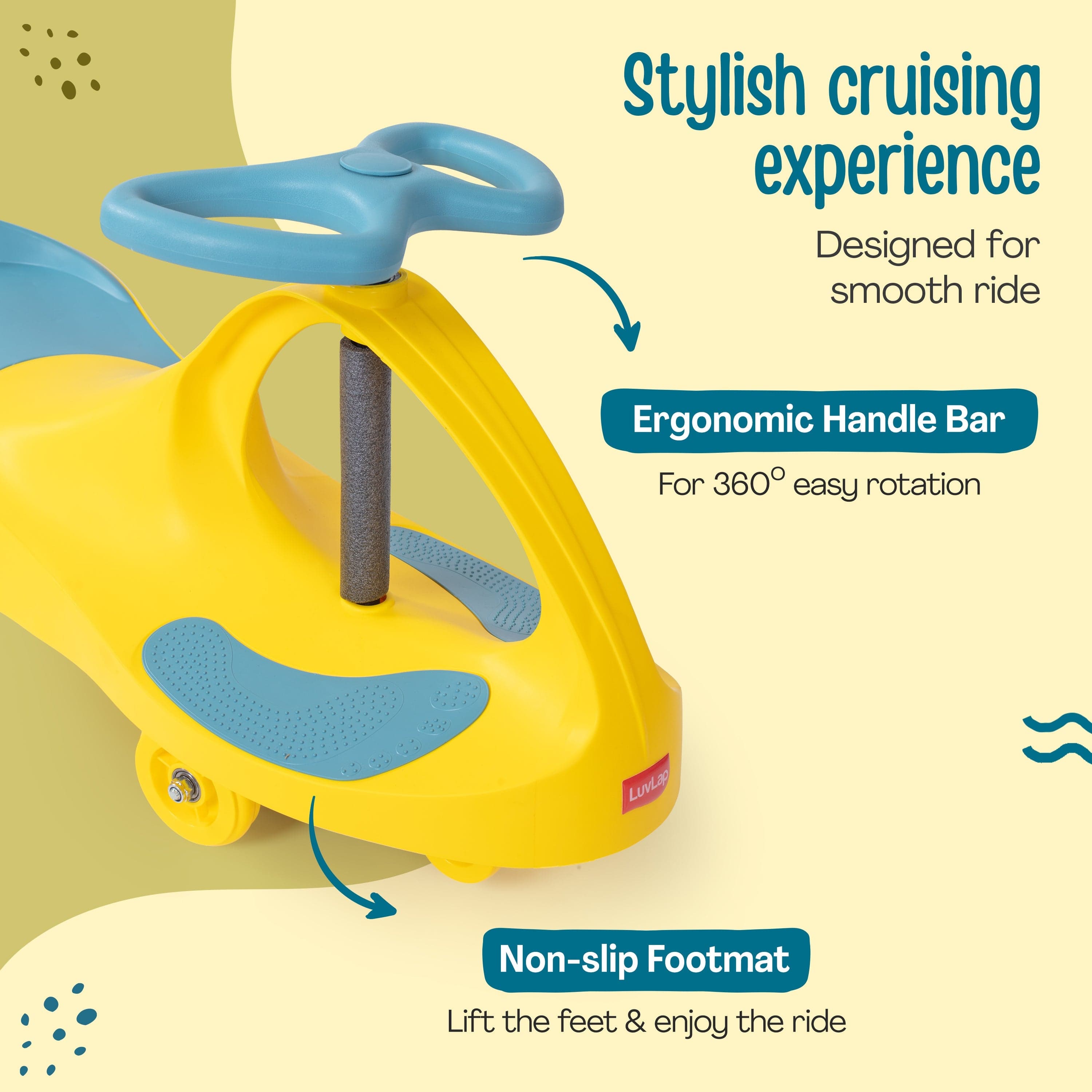LuvLap Sunshine Swing Car, Push Car, Swing Car for Kids, Comfortable Seats & Durable, Smooth Wheels, Baby Car, Magic Toy, Ride On Toy, Kids Car, 3+ Years, Yellow & Green