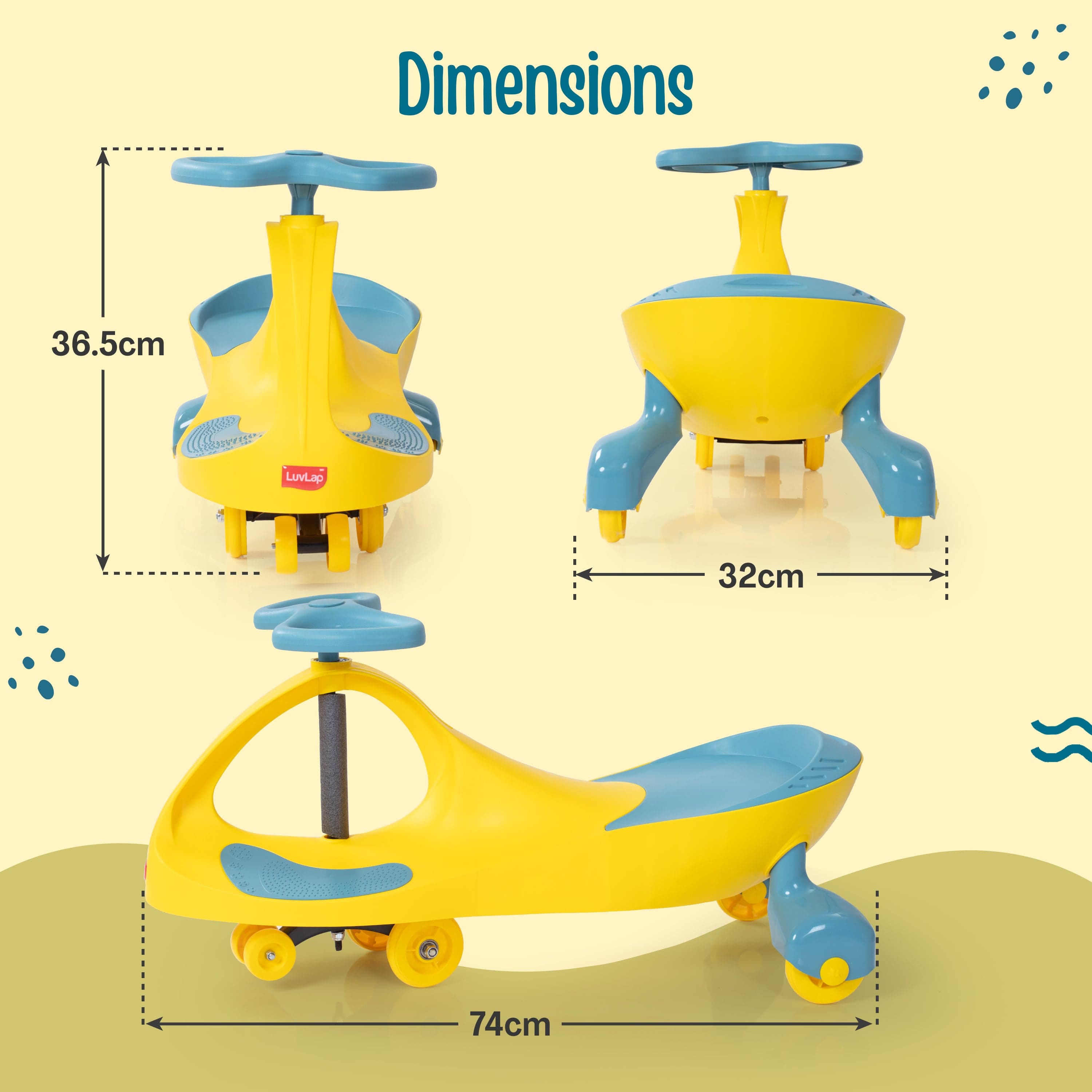 LuvLap Sunshine Swing Car, Push Car, Swing Car for Kids, Comfortable Seats & Durable, Smooth Wheels, Baby Car, Magic Toy, Ride On Toy, Kids Car, 3+ Years, Yellow & Green
