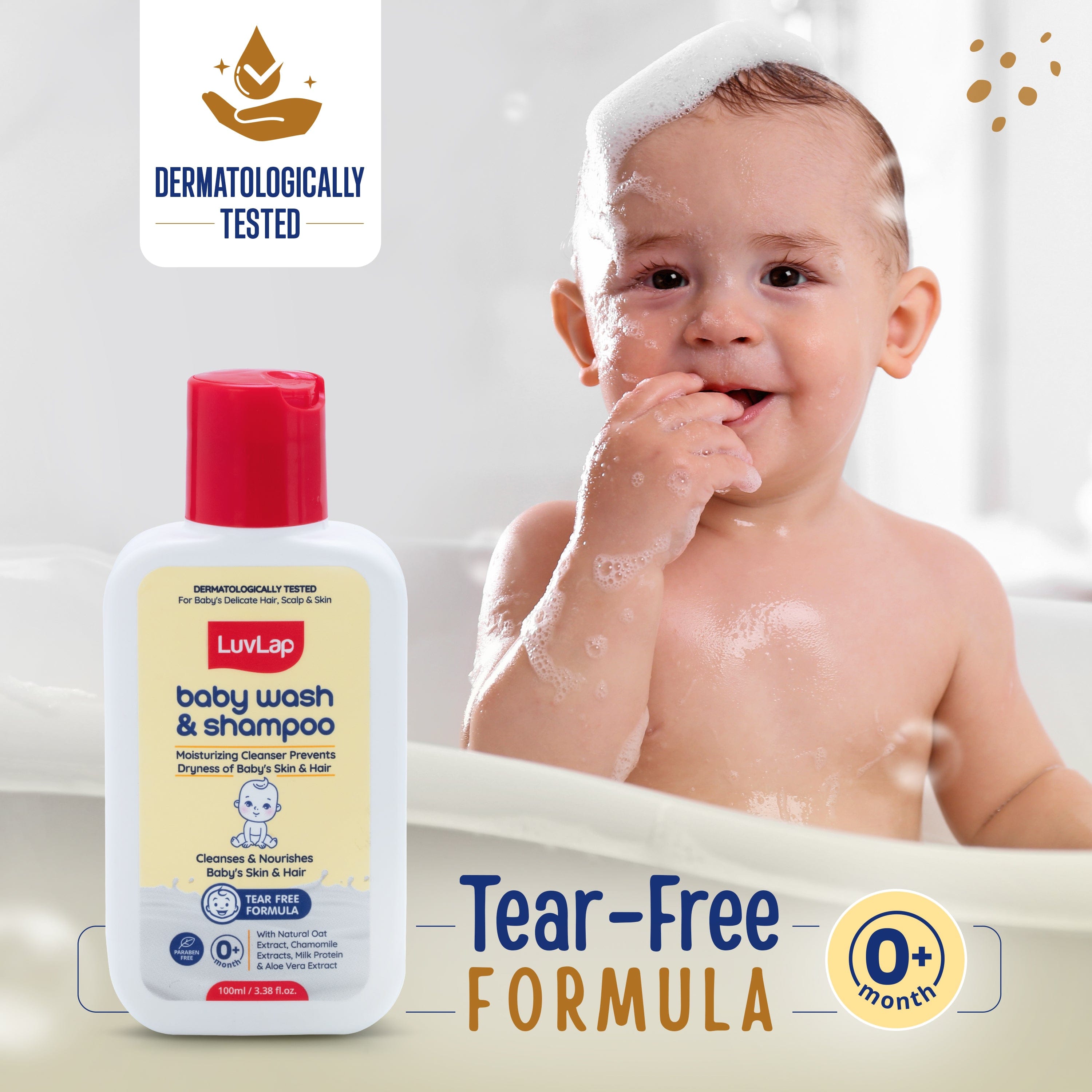 LuvLap Baby Wash & Shampoo - 100ml with Chamomile, Milk Protein, Oatmeal & Shea Butter, Paraben Free, Tear Free, Soap Free, Rich Moisturised Skin & Soft Hair, Baby Body Wash, Dermatologically Tested