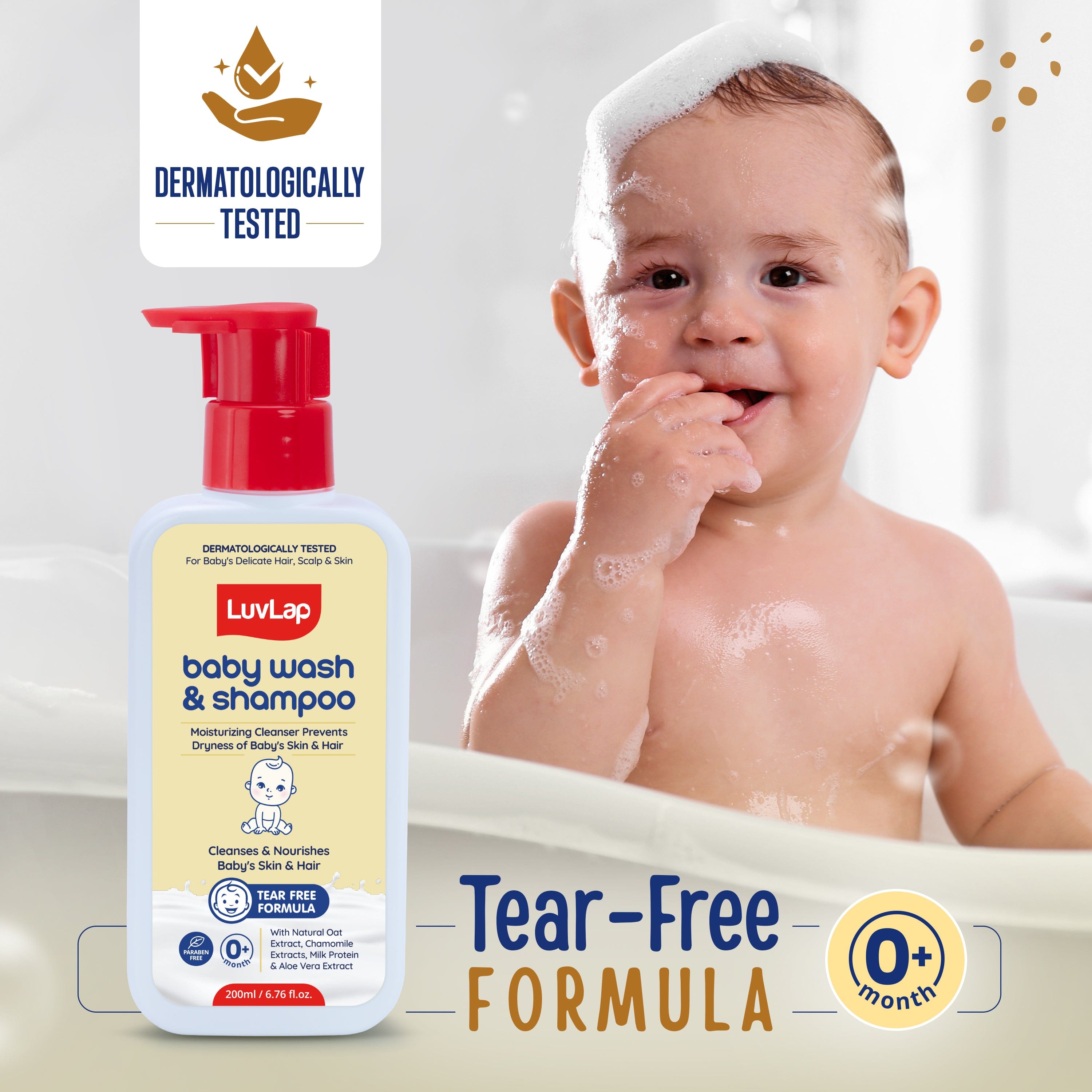 LuvLap Baby Wash & Shampoo - 200ml with Chamomile, Milk Protein, Oatmeal & Shea Butter, Paraben Free, Tear Free, Soap Free, Rich Moisturised Skin & Soft Hair, Baby Body Wash, Dermatologically Tested
