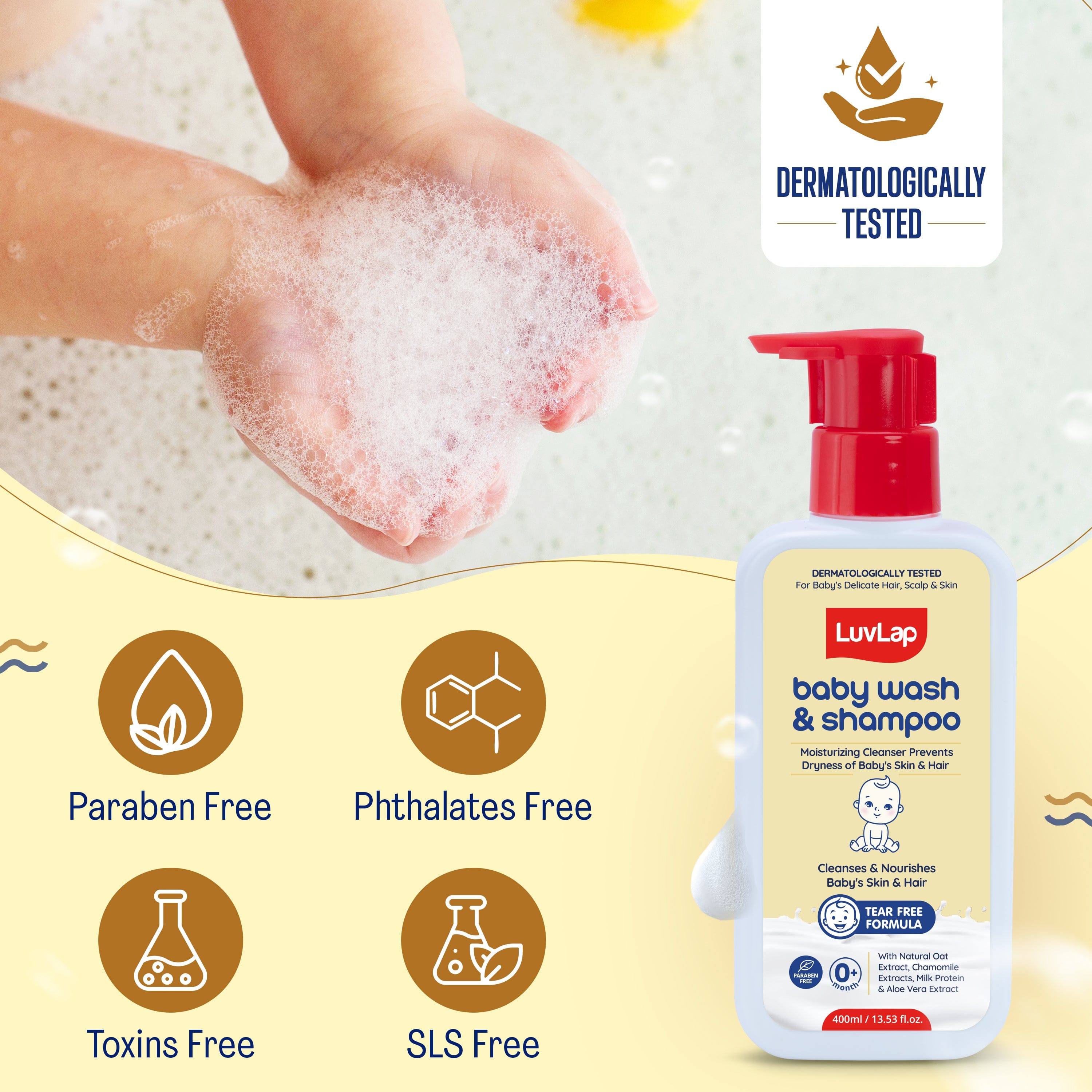 LuvLap Baby Wash & Shampoo - 400ml with Chamomile, Milk Protein, Oatmeal & Shea Butter, Paraben Free, Tear Free, Soap Free, Rich Moisturised Skin & Soft Hair, Baby Body Wash, Dermatologically Tested