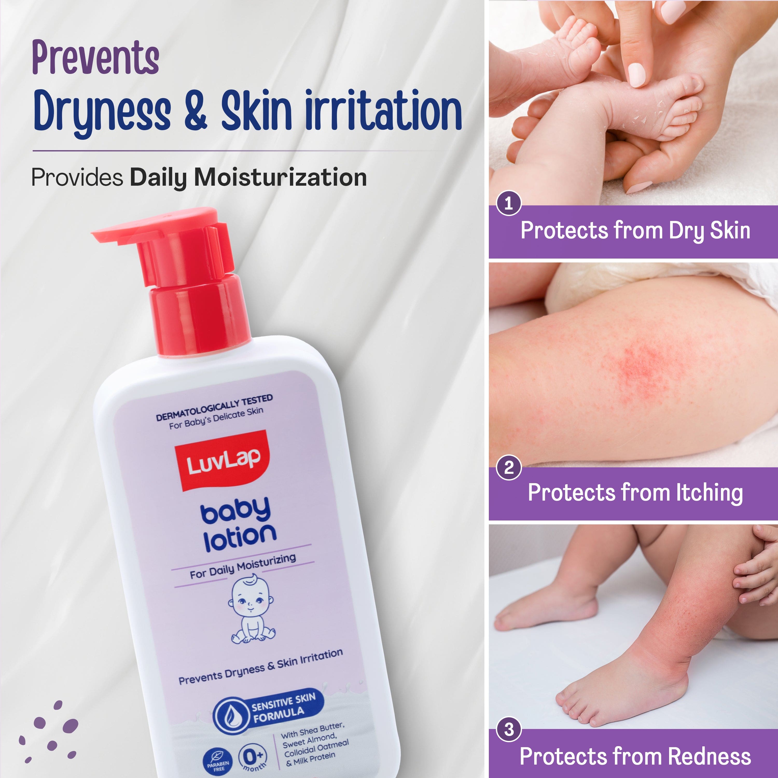 LuvLap Baby Lotion with Milk Protein - 400ml, Suitable for Baby’s Delicate Skin, 24 Hour Protection for Sensitive Skin, Shea Butter and VIT E, Paraben Free, Sweet Almond Oil, Dermatologically Tested
