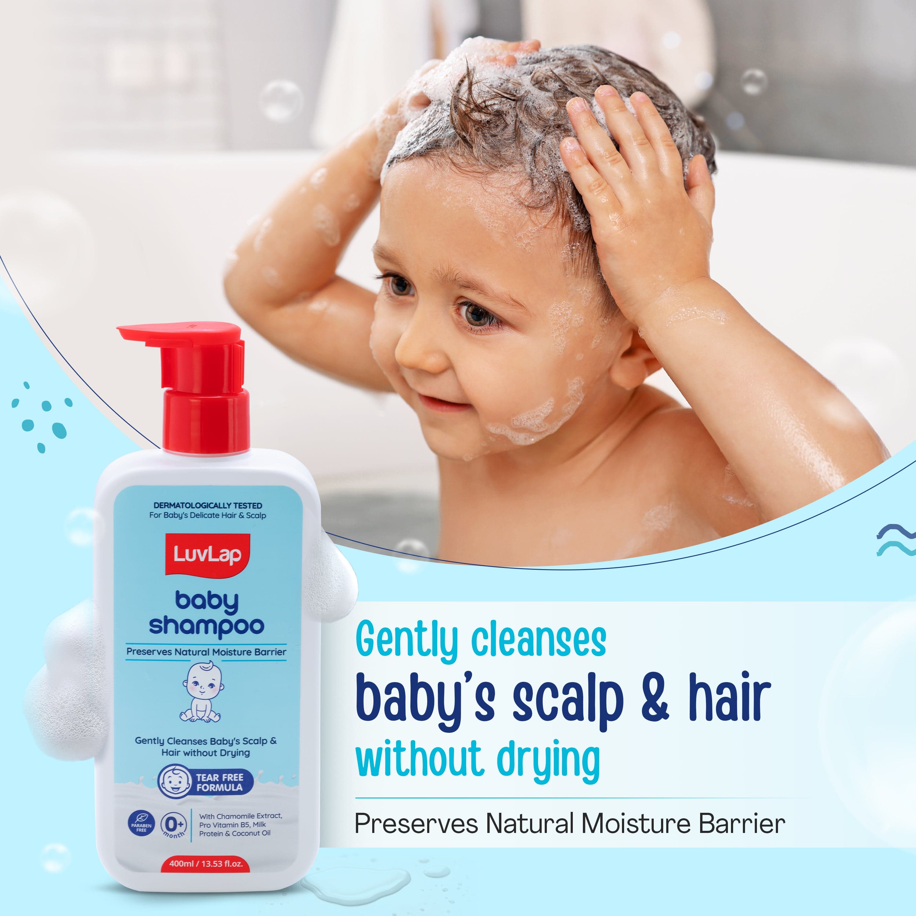 LuvLap Milky Soft Baby Shampoo - 400ml, Tear Free Formula, with Milk Protein, Vitamin E & Coconut Oil, Shea Butter & Chamomile, Gentle Care for Baby's Soft Hair, No Paraben, Dermatologically Tested