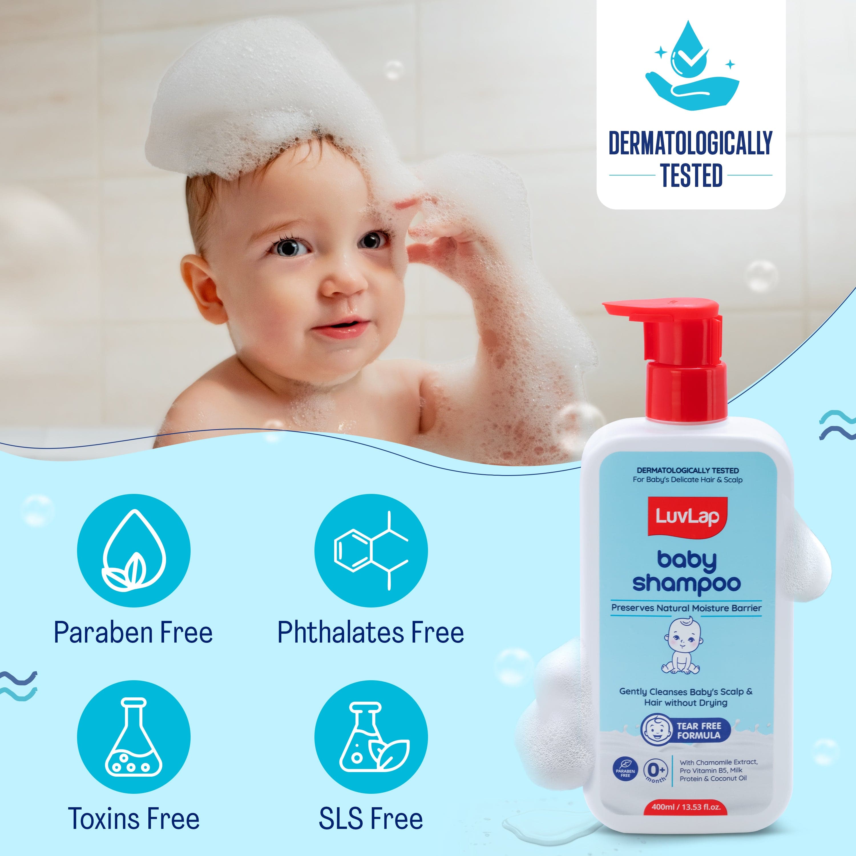 LuvLap Milky Soft Baby Shampoo - 400ml, Tear Free Formula, with Milk Protein, Vitamin E & Coconut Oil, Shea Butter & Chamomile, Gentle Care for Baby's Soft Hair, No Paraben, Dermatologically Tested