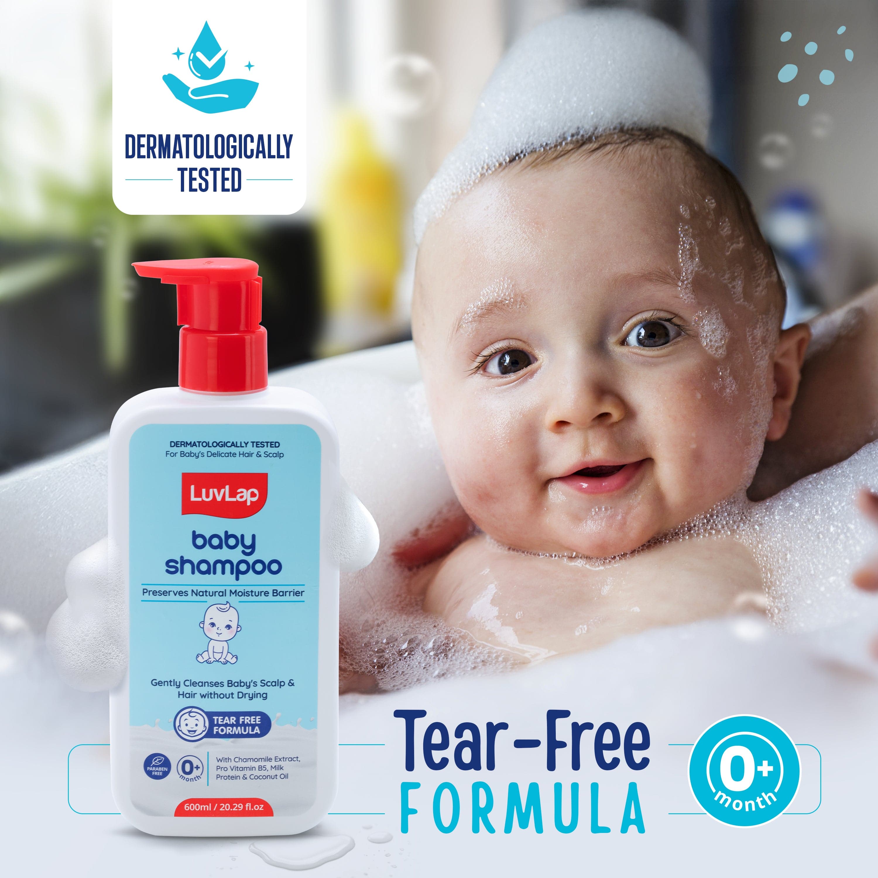 LuvLap Milky Soft Baby Shampoo - 600ml, Tear Free Formula, with Milk Protein, Vitamin E & Coconut Oil, Shea Butter & Chamomile, Gentle Care for Baby's Soft Hair, No Paraben, Dermatologically Tested