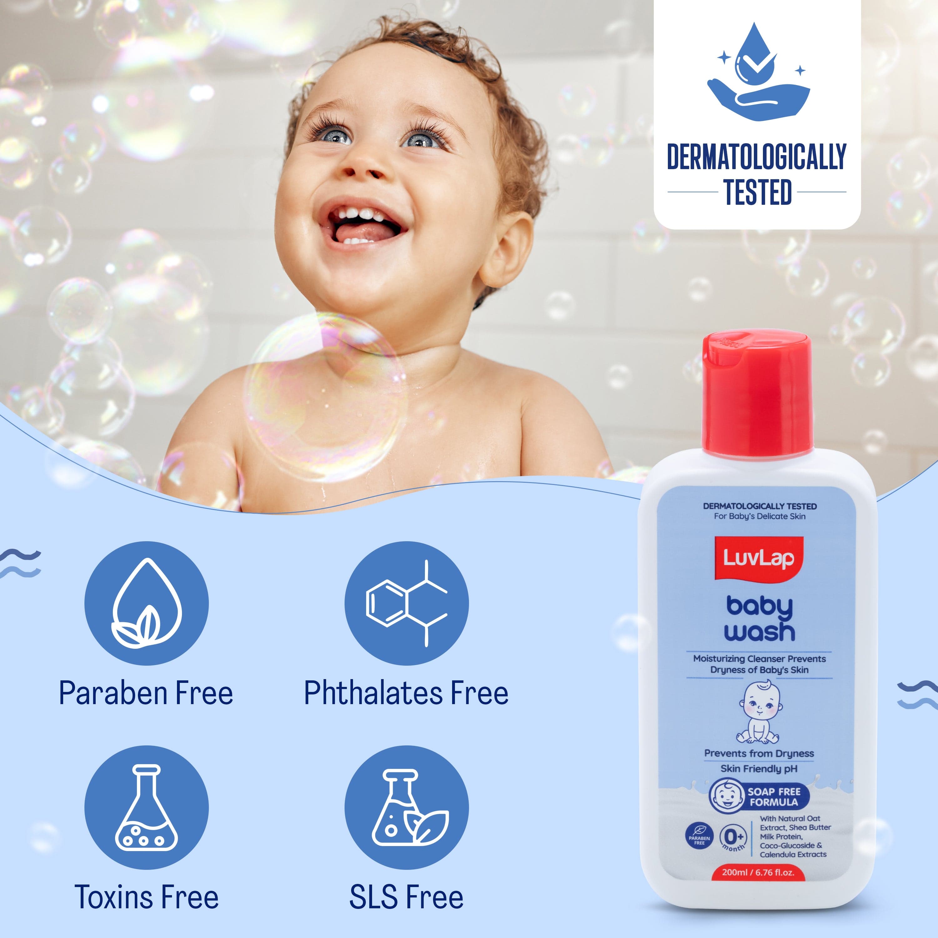 LuvLap Baby Wash - 200ml, with Milk Protein, Oatmeal, Shea Butter and Vitamin E, Soap Free, Baby Wash for Baby Bath, Natural, pH Balanced & Paraben Free, Dermatologically Tested