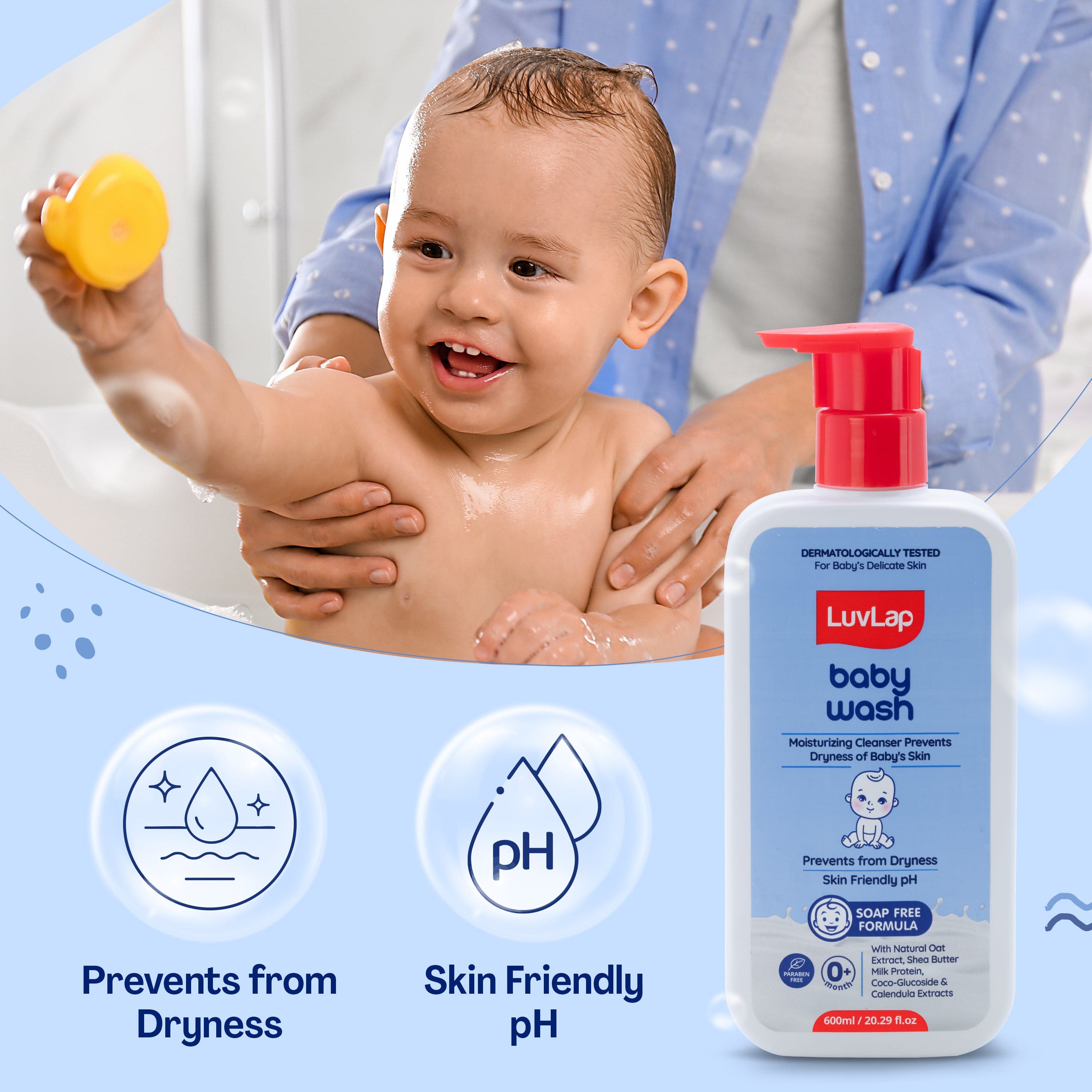 LuvLap Baby Wash - 600ml, with Milk Protein, Oatmeal, Shea Butter and Vitamin E, Soap Free, Baby Wash for Baby Bath, Natural, pH Balanced & Paraben Free, Dermatologically Tested