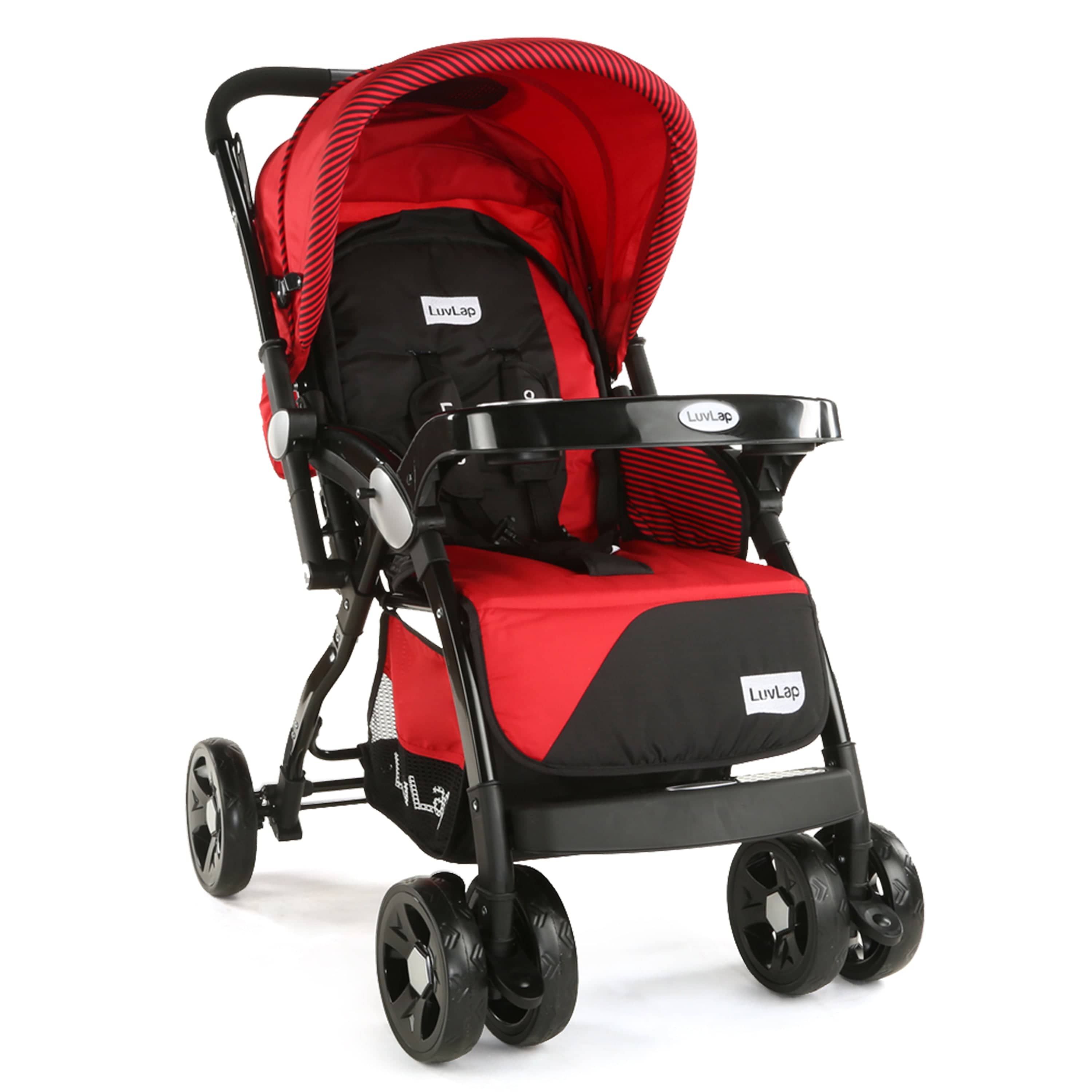 luvlap Galaxy Baby Stroller, Pram for Baby with 5 Point Safety Harness, Spacious Cushioned Seat with Multi Level Seat Recline, Easy Fold, Lightweight Stroller for 0 to 3 Years (Red & Black)