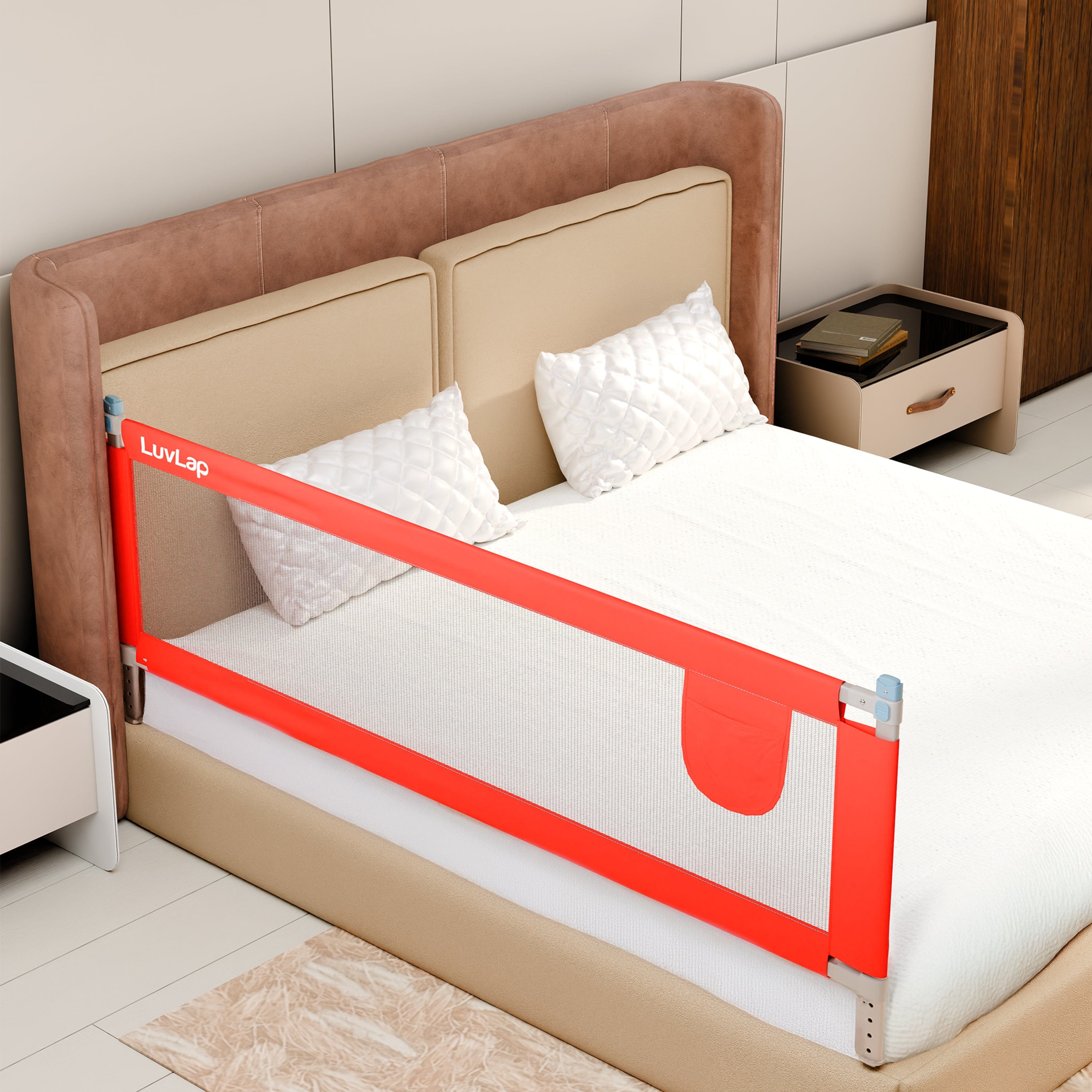 LuvLap Bed Rail Guard for Baby/Kids Safety, 180cm x 72 cm, Portable & Foldable, Baby Safety Essential, Adjustable Height, fits All Bed Sizes (Red - Without Print)