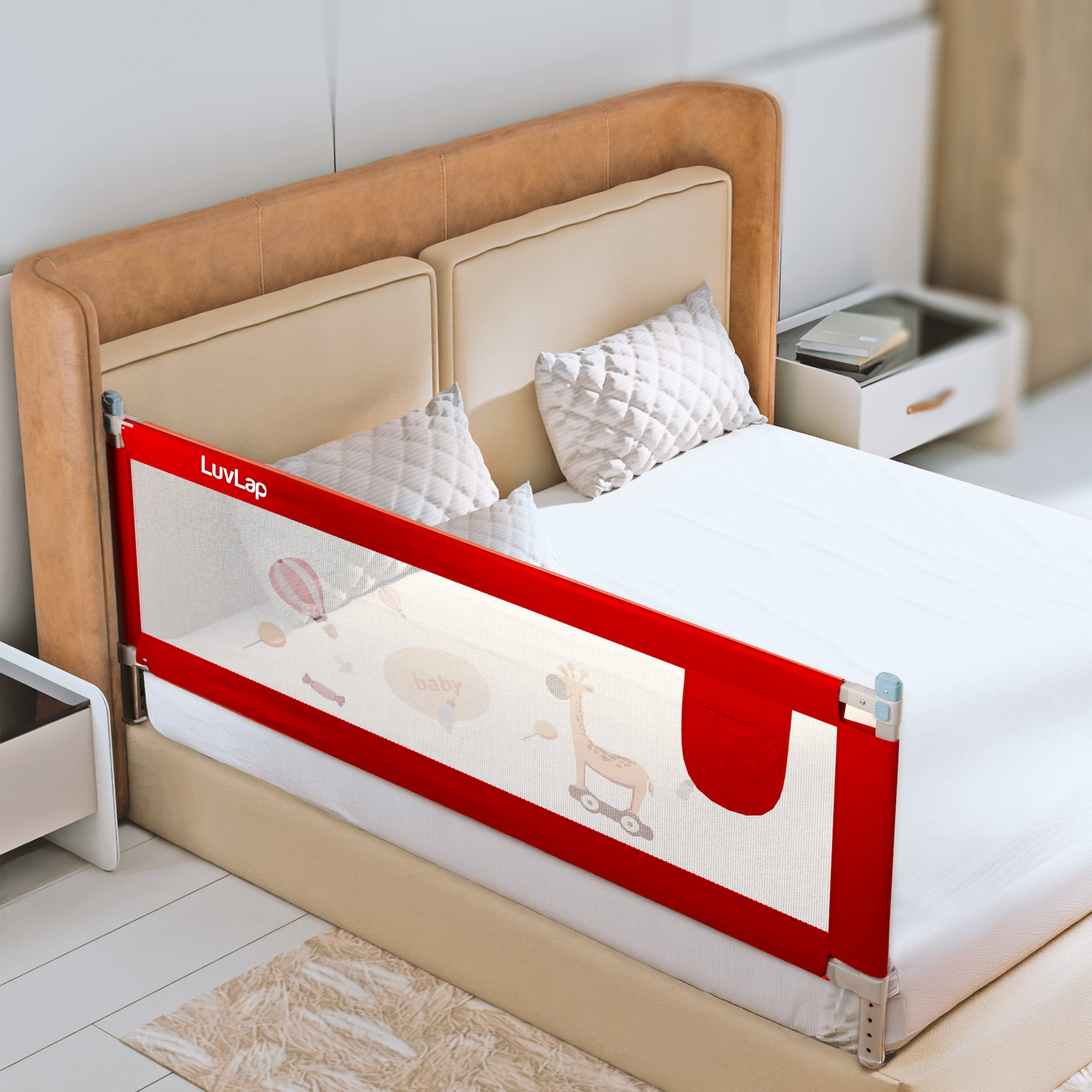 LuvLap Comfy Baby Bed Rail Guard (6 ft x 2.3 ft), 180cmx72cm, Bed Rails for Baby & Toddler Safety, Portable, Adjustable Height, Single Side Bed Rail, Pack of 1, Printed Red