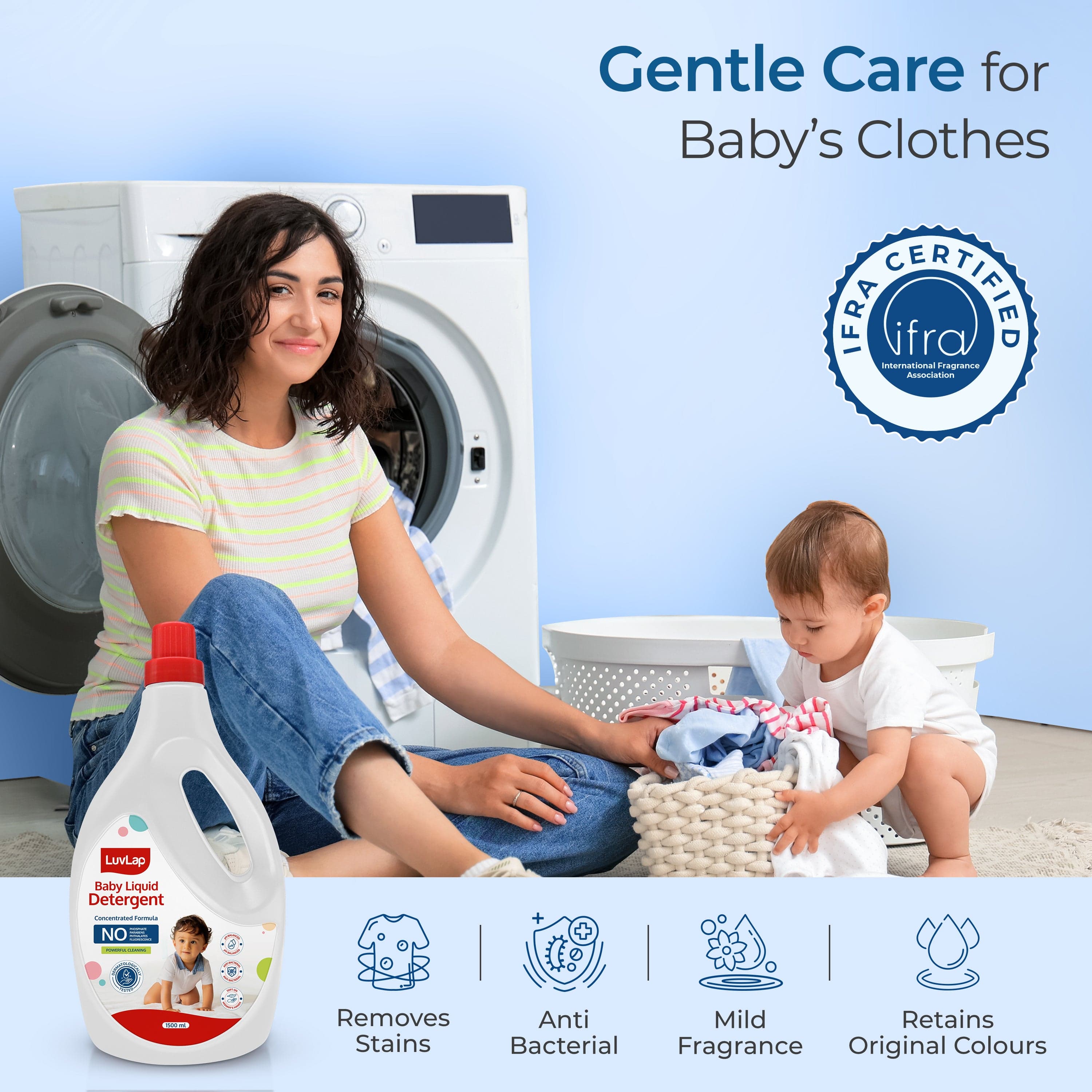 LuvLap Baby Laundry Detergent 1500ml, pH Balanced, No harsh chemicals, Safe for mommy's hands & baby's skin, Anti-Bacterial, Softens clothes & Removes Stains & Odour, Dermatologically tested