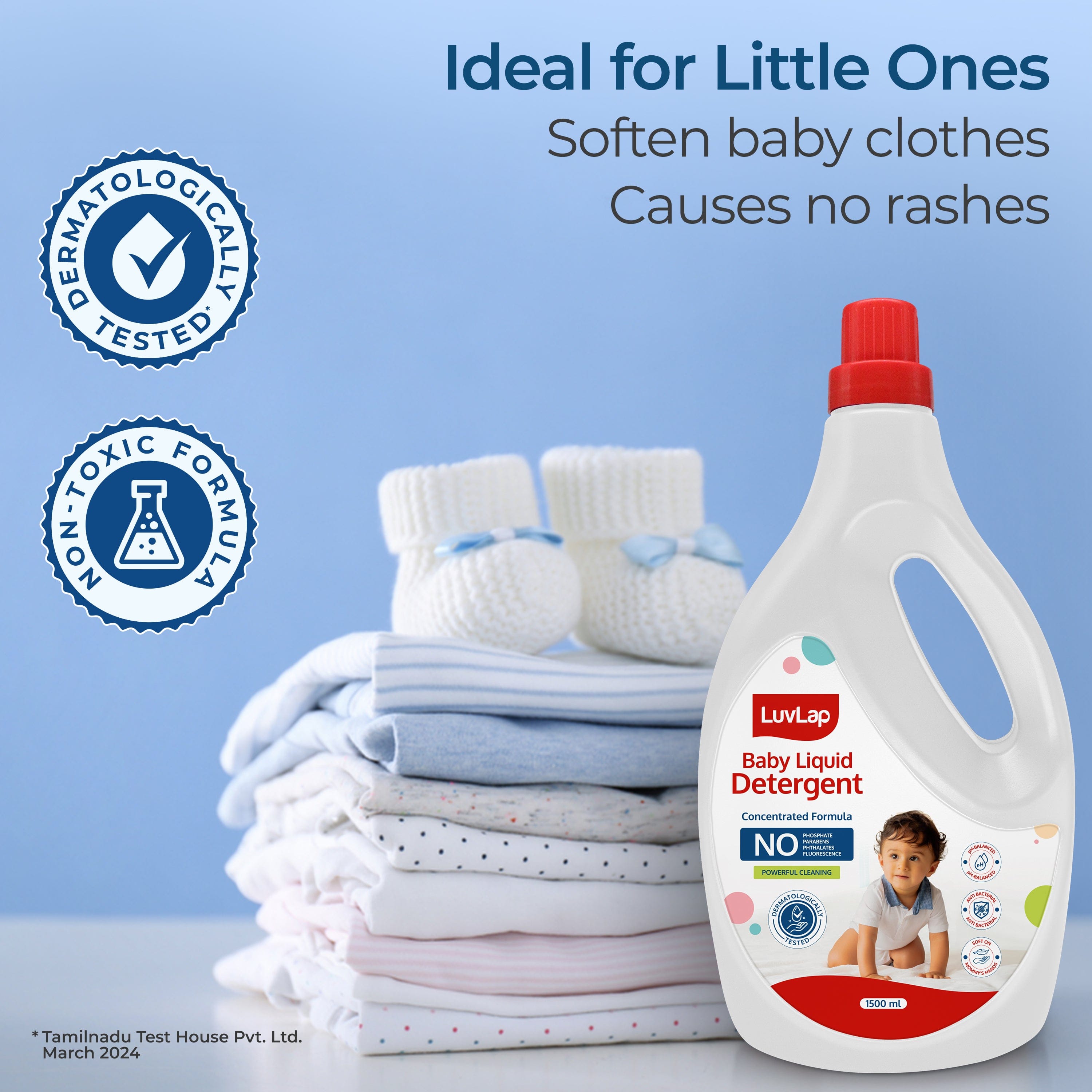 LuvLap Baby Laundry Detergent 1500ml, pH Balanced, No harsh chemicals, Safe for mommy's hands & baby's skin, Anti-Bacterial, Softens clothes & Removes Stains & Odour, Dermatologically tested