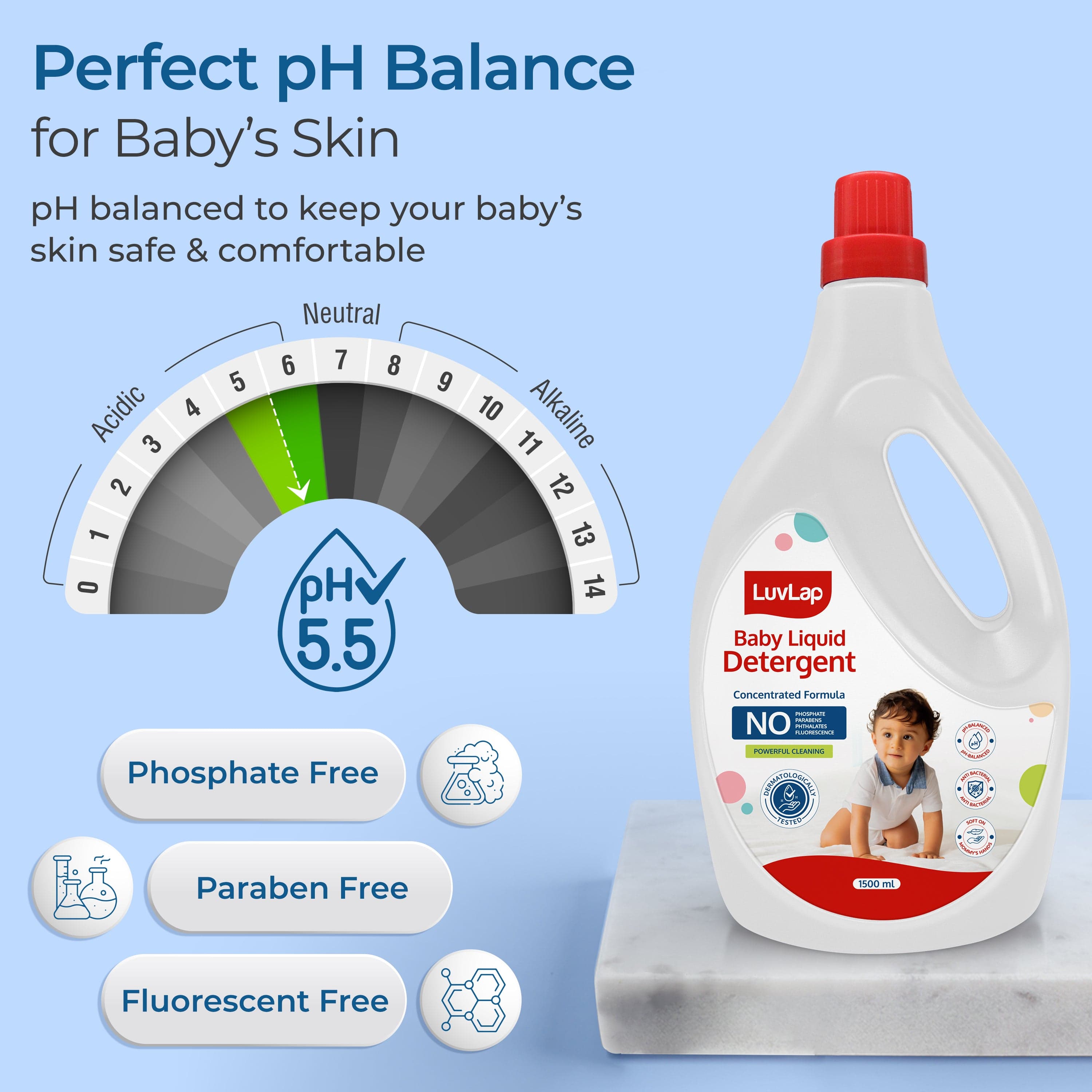 LuvLap Baby Laundry Detergent 1500ml, pH Balanced, No harsh chemicals, Safe for mommy's hands & baby's skin, Anti-Bacterial, Softens clothes & Removes Stains & Odour, Dermatologically tested