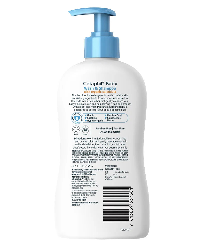 Cetaphil Baby Wash & Shampoo with Organic Calendula – Gentle Tear-Free Cleanser for Hair & Body (400ml)