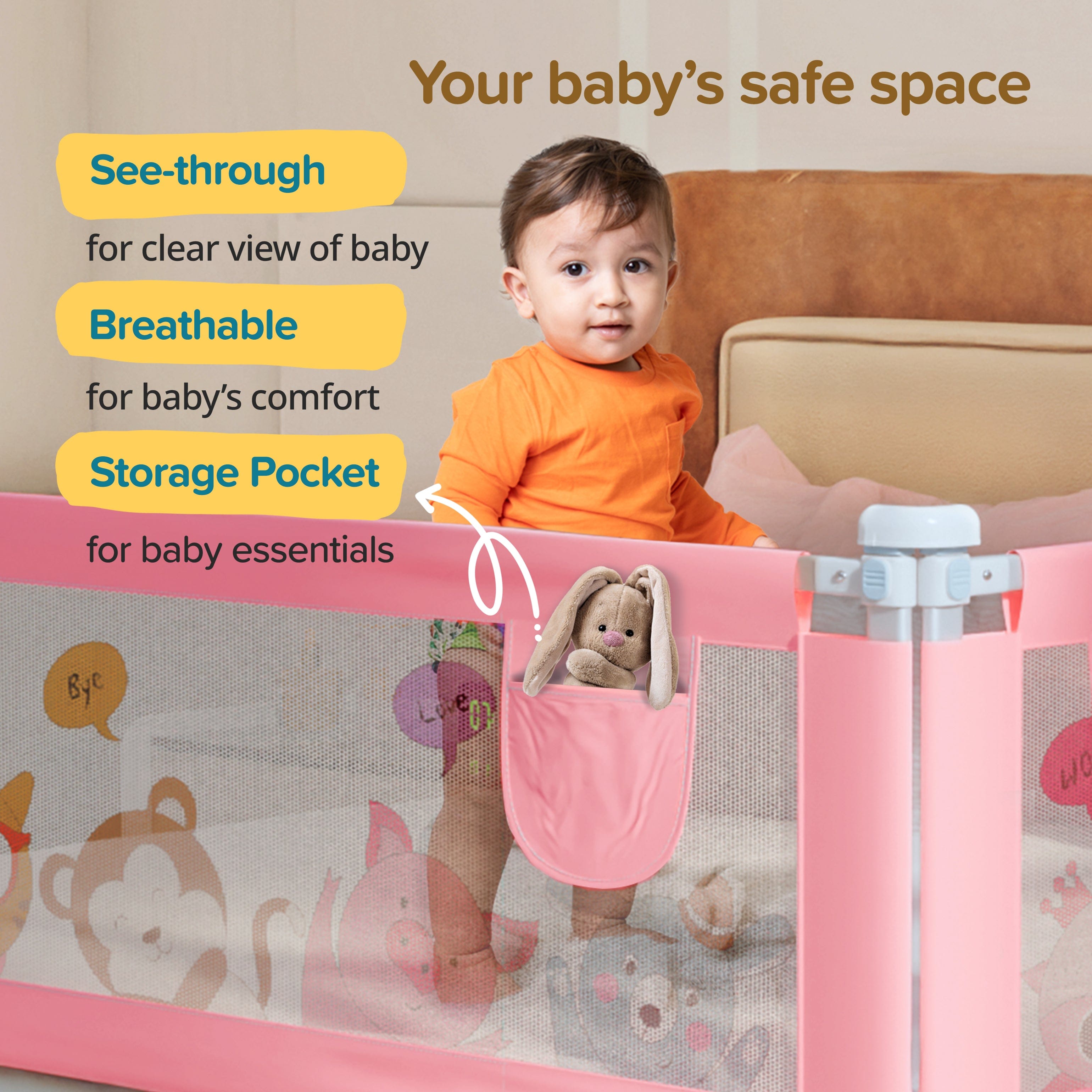 LuvLap Comfy Baby Bed Rail Guard (6 ft x 2.3 ft), 180cmx72cm, Bed Rails for Baby & Toddler Safety, Portable, Adjustable Height, Single Side Bed Rail, Pack of 1, Printed Pink