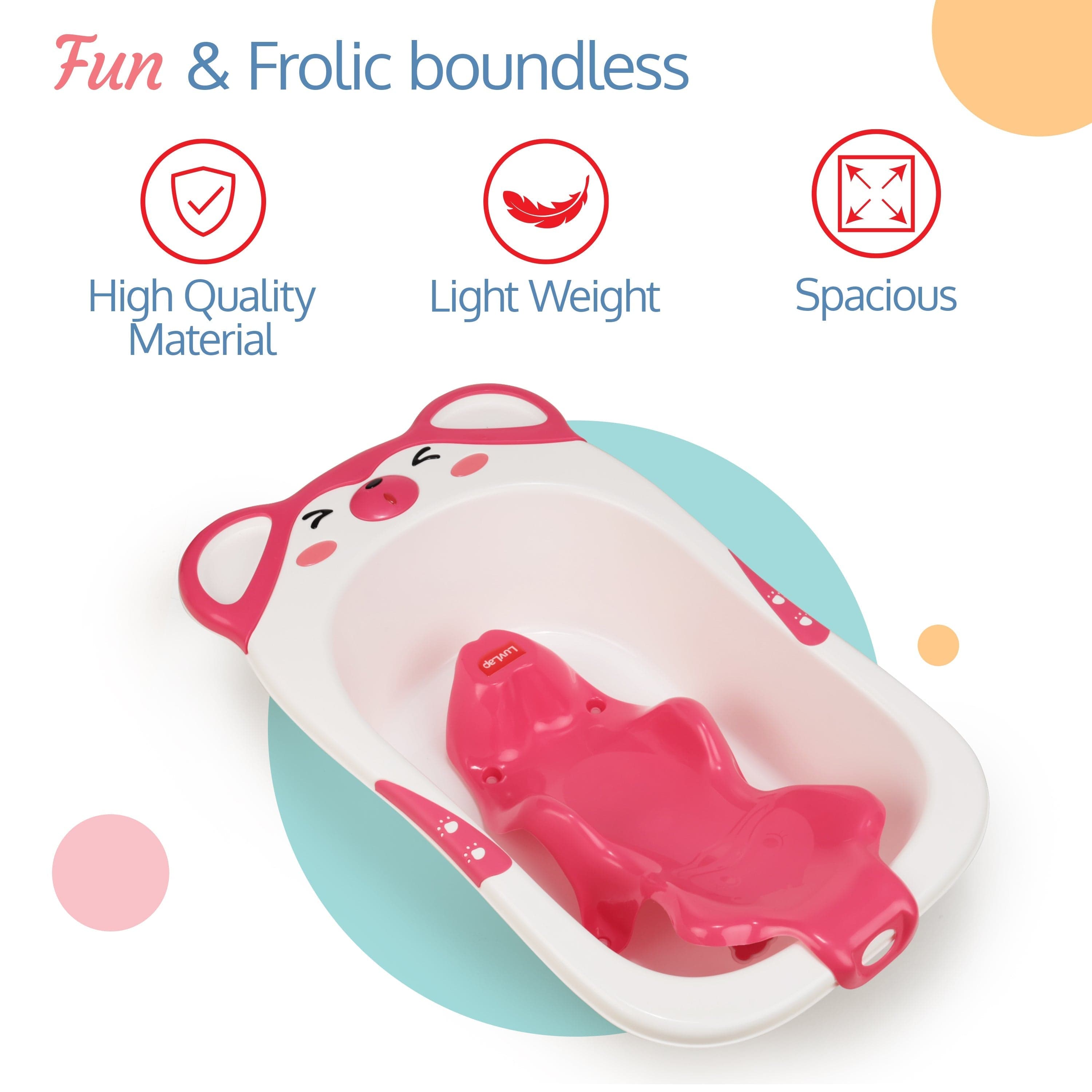 LuvLap Bubble Baby Bathtub (White & Pink) & Anti Slip Baby Plastic Bath Chair (Pink), Bathtub with Drain Plug, Baby Bath Seat/Sling with Non Slip Suction Base, Baby Bathing Essential
