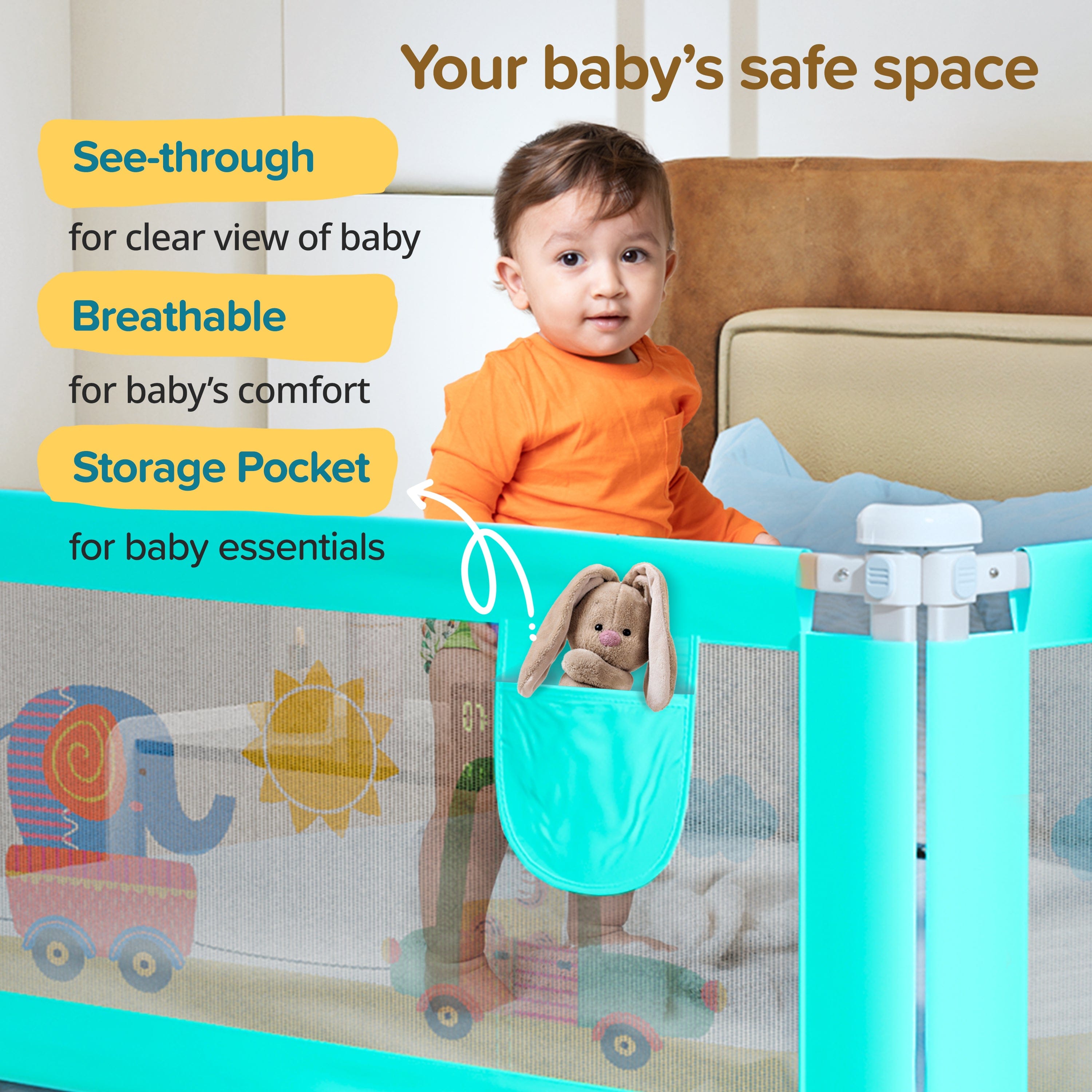LuvLap Comfy Baby Bed Rail Guard (6 ft x 2.3 ft), 180cmx72cm, Bed Rails for Baby & Toddler Safety, Portable, Adjustable Height, Single Side Bed Rail, Pack of 1, Printed Green