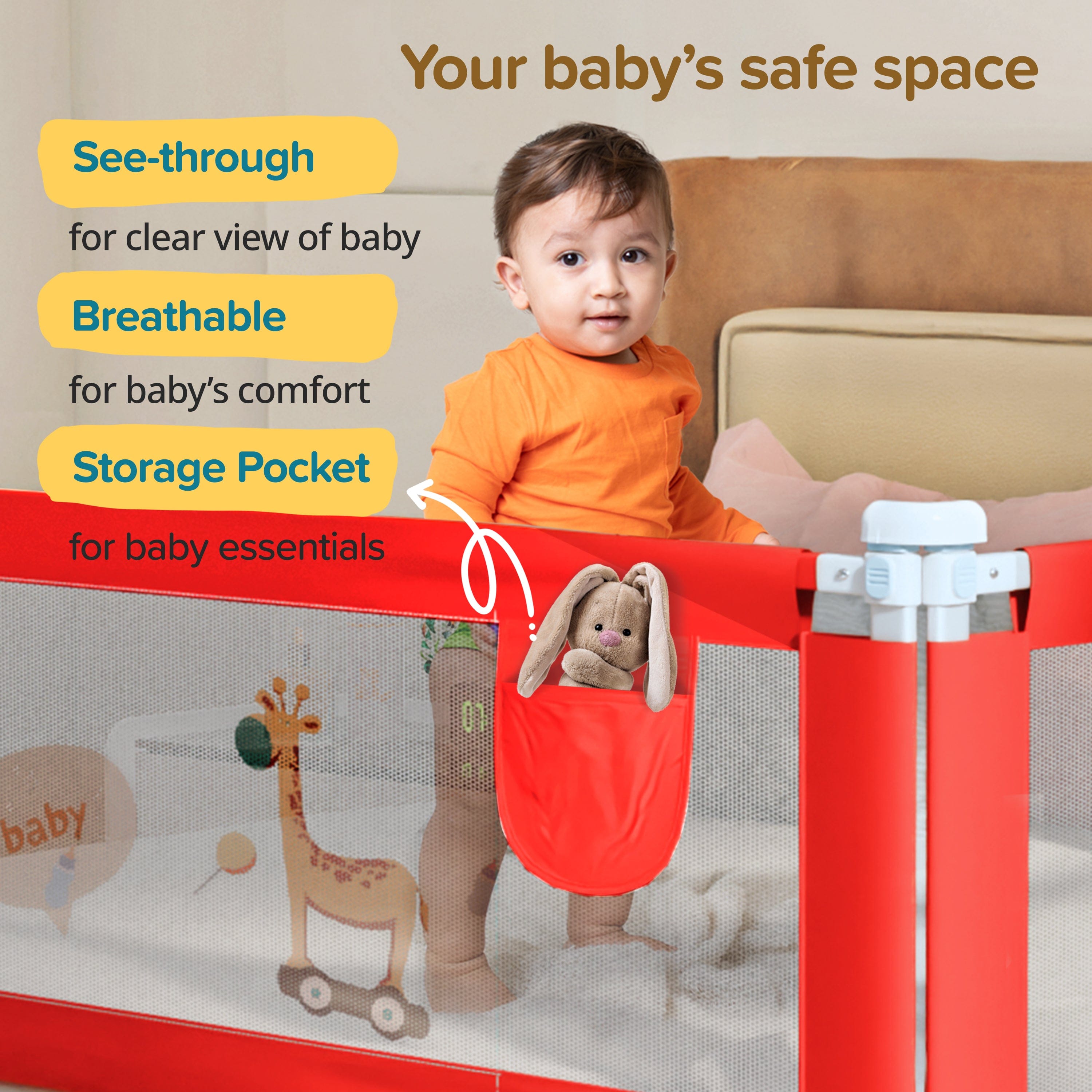 LuvLap Comfy Baby Bed Rail Guard (6 ft x 2.3 ft), 180cmx72cm, Bed Rails for Baby & Toddler Safety, Portable, Adjustable Height, Single Side Bed Rail, Pack of 1, Printed Red