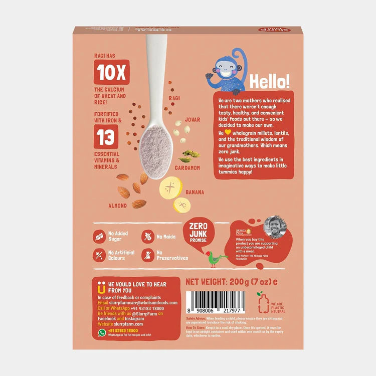 Slurrp Farm No Added Sugar, No Salt Ragi, Almond and Banana Cereal | 100% Sprouted Ragi | Healthy Cereal | No Milk | No Preservatives, 200g