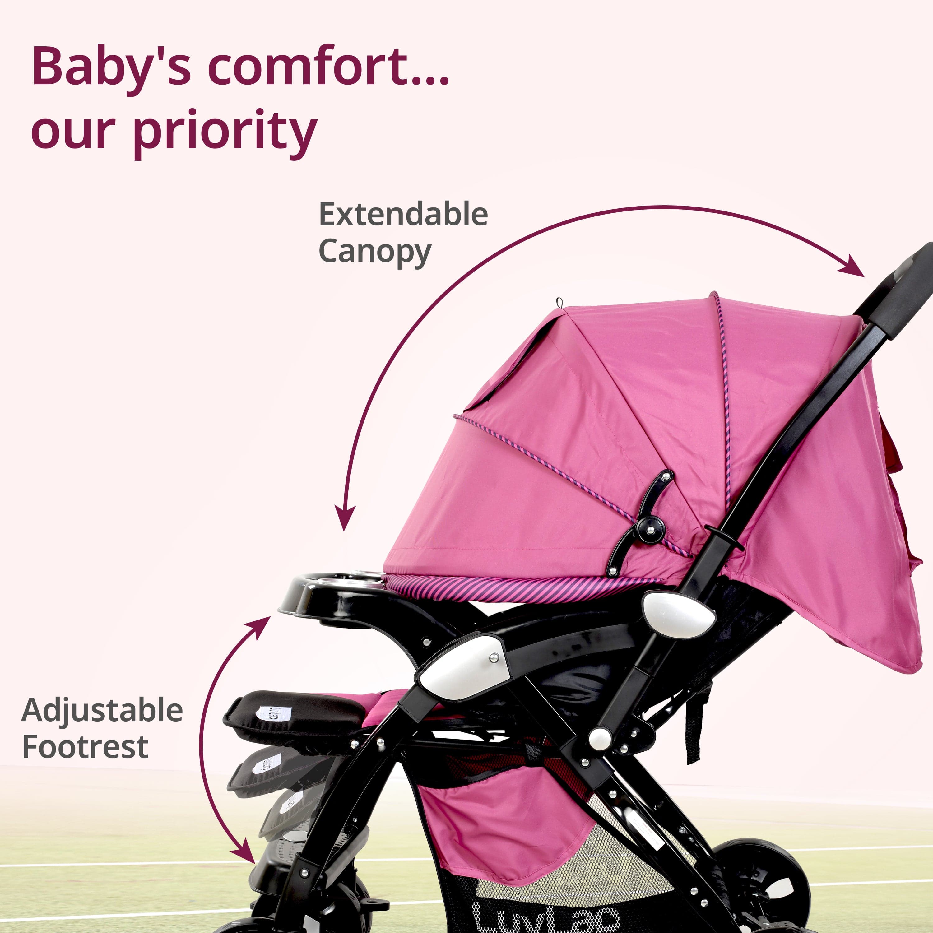 luvlap Galaxy Baby Stroller, Pram for Baby with 5 Point Safety Harness, Spacious Cushioned seat with Multi Level seat Recline, Easy Fold, Lightweight Stroller for 0 to 3 Years (Pink & Black)