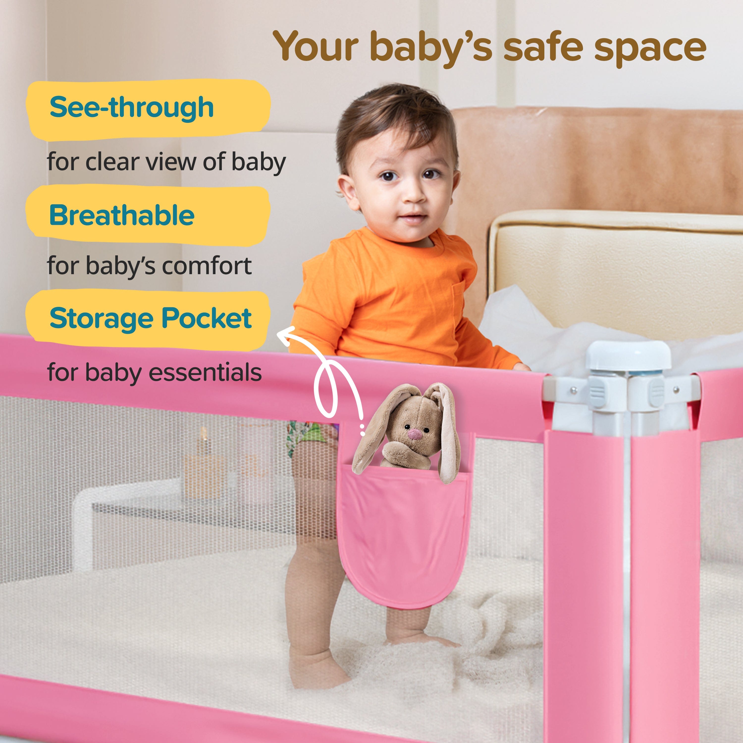 LuvLap Bed Rail Guard for Baby/Kids Safety, 180cm x 72 cm, Portable & Foldable, Baby Safety Essential, Adjustable Height, fits All Bed Sizes (Pink - Without Print)