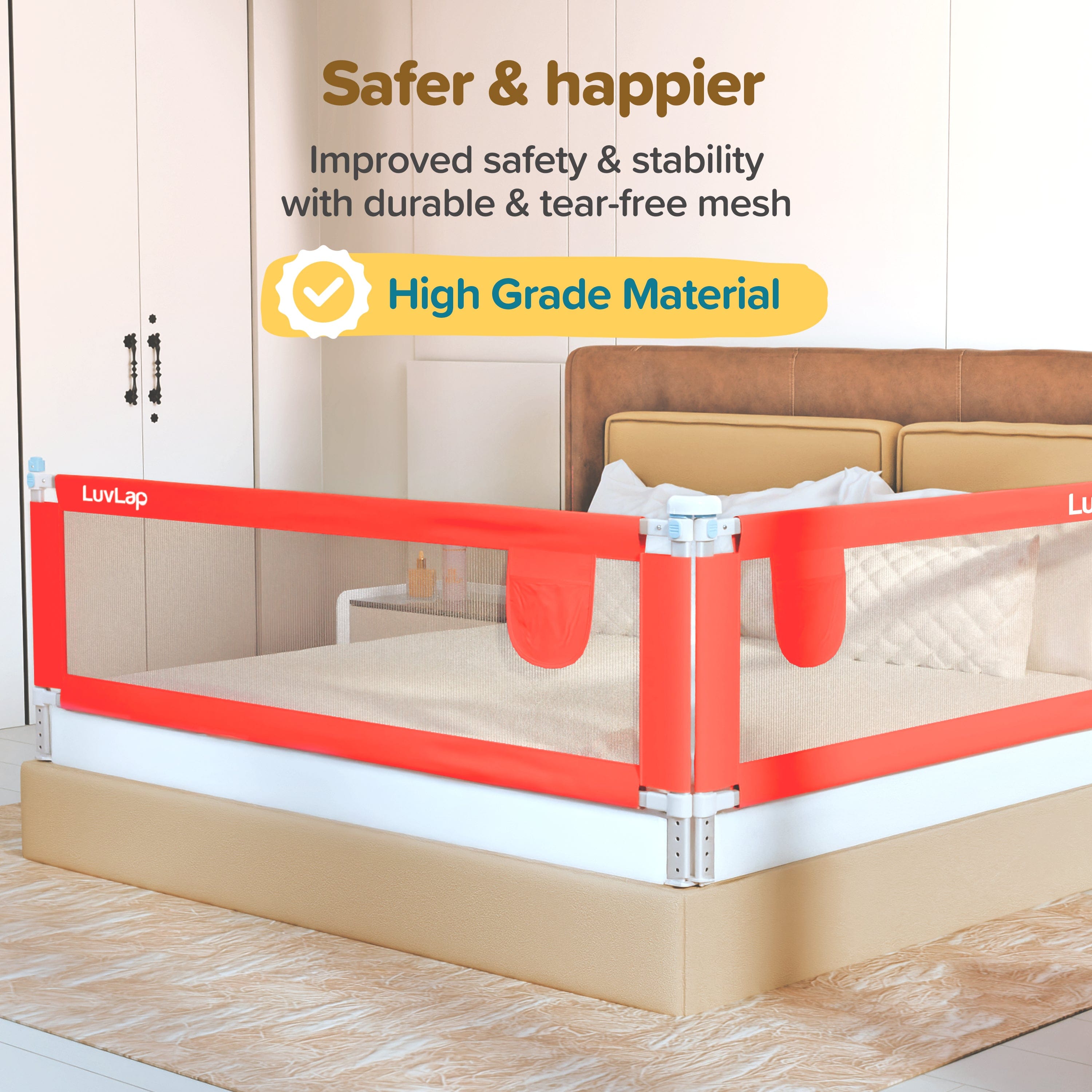 LuvLap Bed Rail Guard for Baby/Kids Safety, 180cm x 72 cm, Portable & Foldable, Baby Safety Essential, Adjustable Height, fits All Bed Sizes (Red - Without Print)