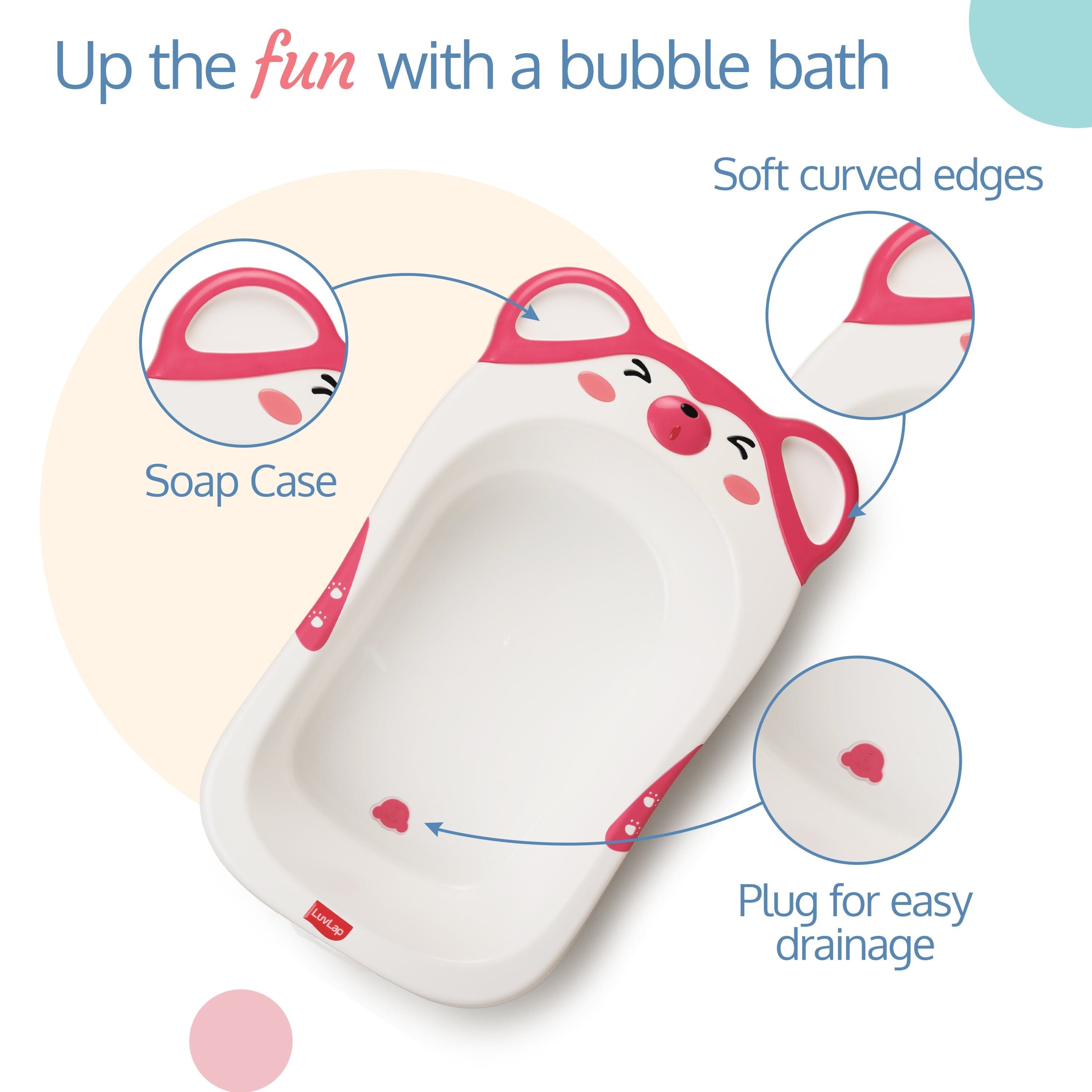 LuvLap Bubble Baby Bathtub (White & Pink) & Anti Slip Baby Plastic Bath Chair (Pink), Bathtub with Drain Plug, Baby Bath Seat/Sling with Non Slip Suction Base, Baby Bathing Essential