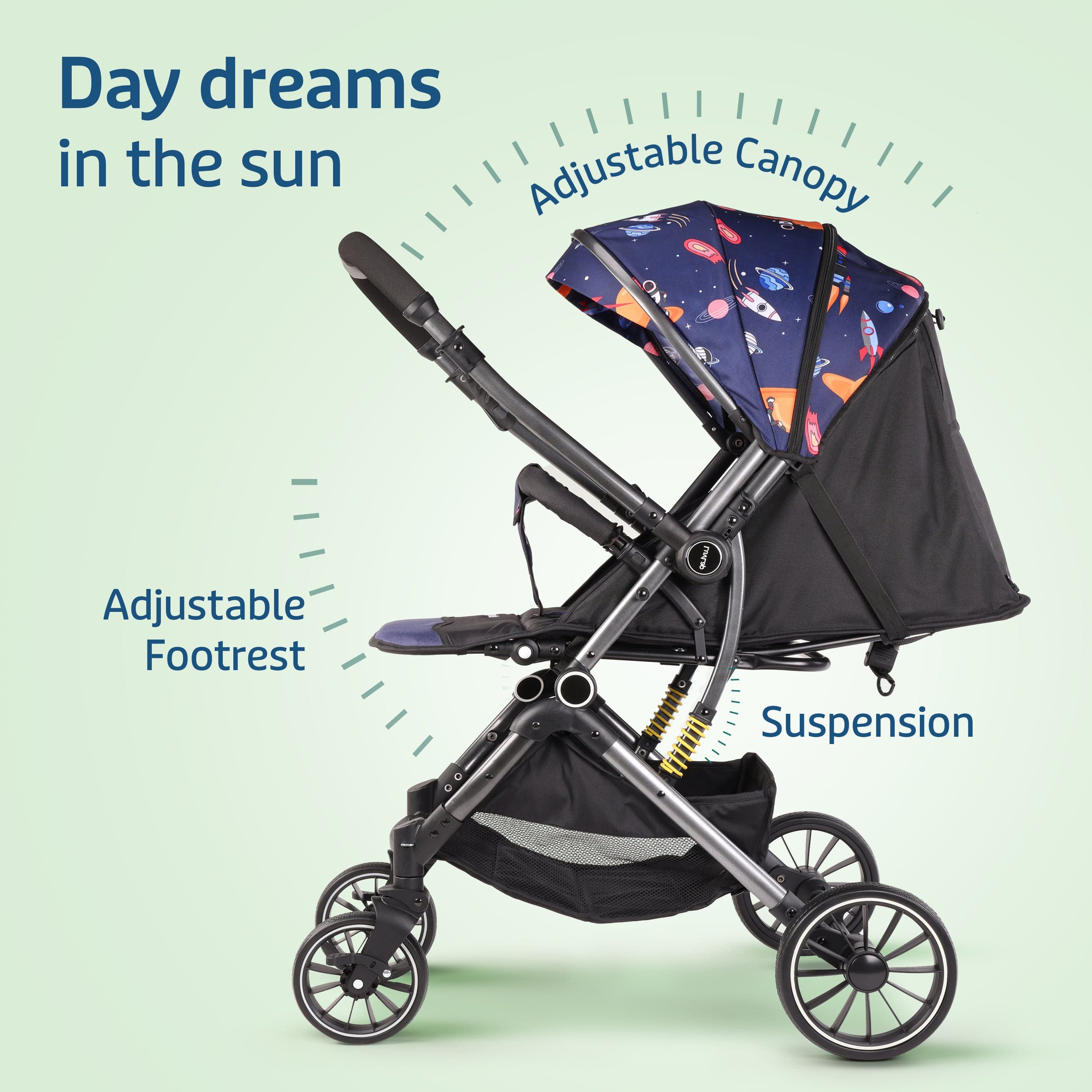 luvlap Alpha Baby Stroller/Pram, One Fold, Travel Friendly, 5 Point Safety Harness, Reversible Handle bar, Multilevel Recline & Adjustable footrest, Extendable Canopy, for Babies 0-3 Years (Blue)