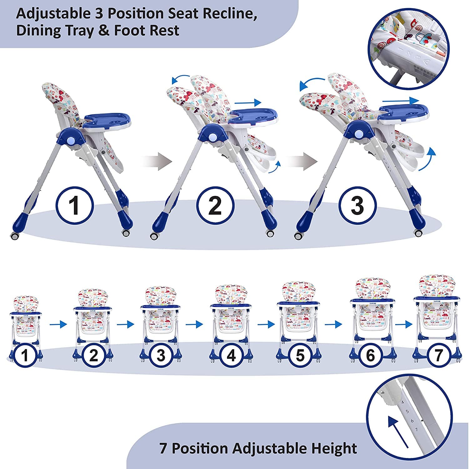 luvlap Royal High Chair for Baby, EN 71 Certified, 3 Position Recline, Baby Feeding Chair with 7 Level Height Adjustment, Adjustable Footrest, 6 Months+ (Blue)