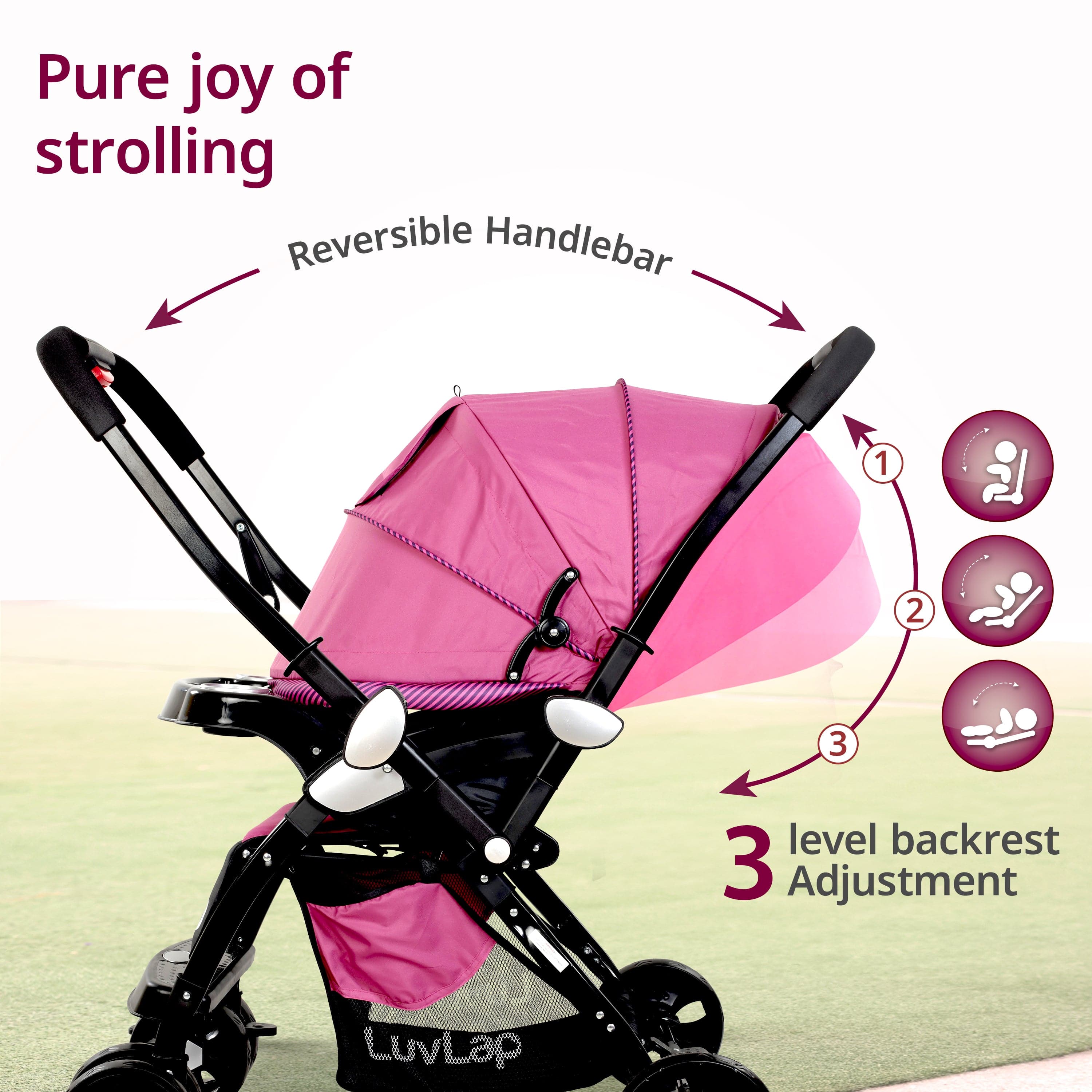 luvlap Galaxy Baby Stroller, Pram for Baby with 5 Point Safety Harness, Spacious Cushioned seat with Multi Level seat Recline, Easy Fold, Lightweight Stroller for 0 to 3 Years (Pink & Black)