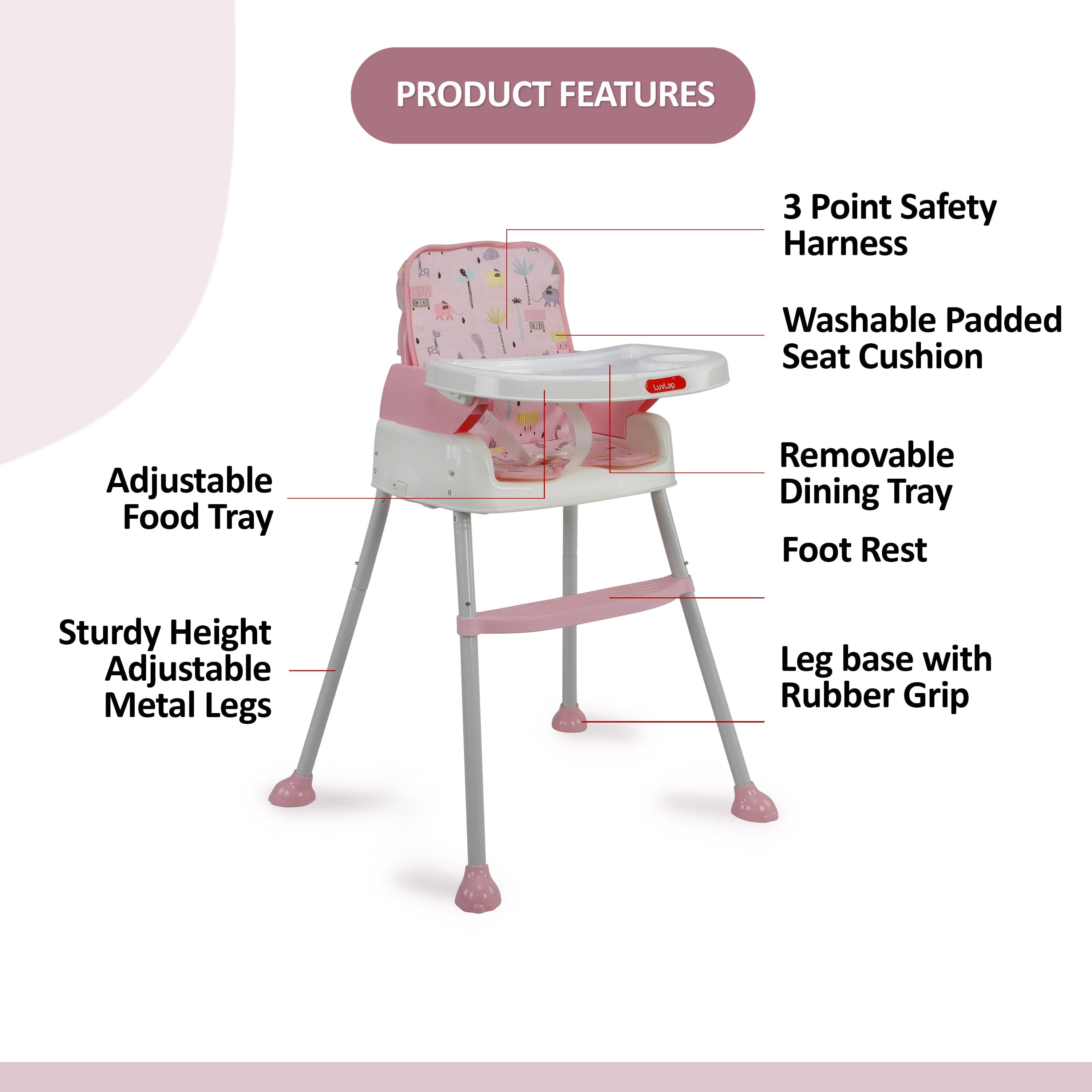 luvlap High Chair for Baby/Kids, Toddler Feeding Booster Seat with Wheels, 3 Height adjustments, With Cushion, 6 month to 3 years, Portable (Pink)