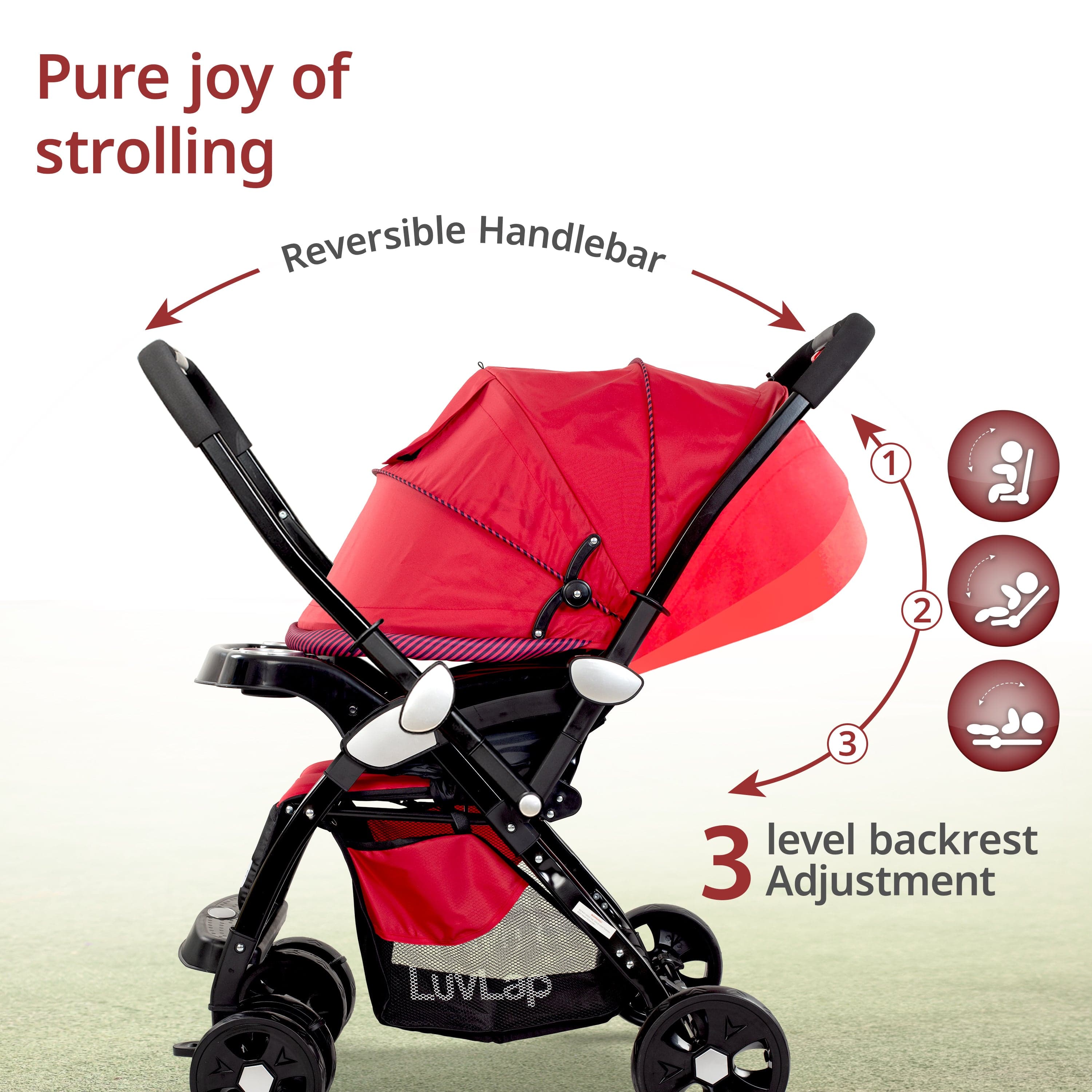 luvlap Galaxy Baby Stroller, Pram for Baby with 5 Point Safety Harness, Spacious Cushioned Seat with Multi Level Seat Recline, Easy Fold, Lightweight Stroller for 0 to 3 Years (Red & Black)