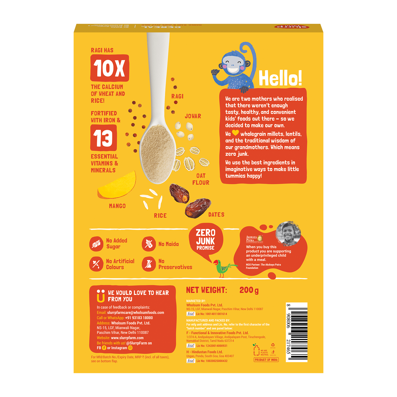 Slurrp Farm Mango, Ragi and Rice Cereal with Milk | 200g