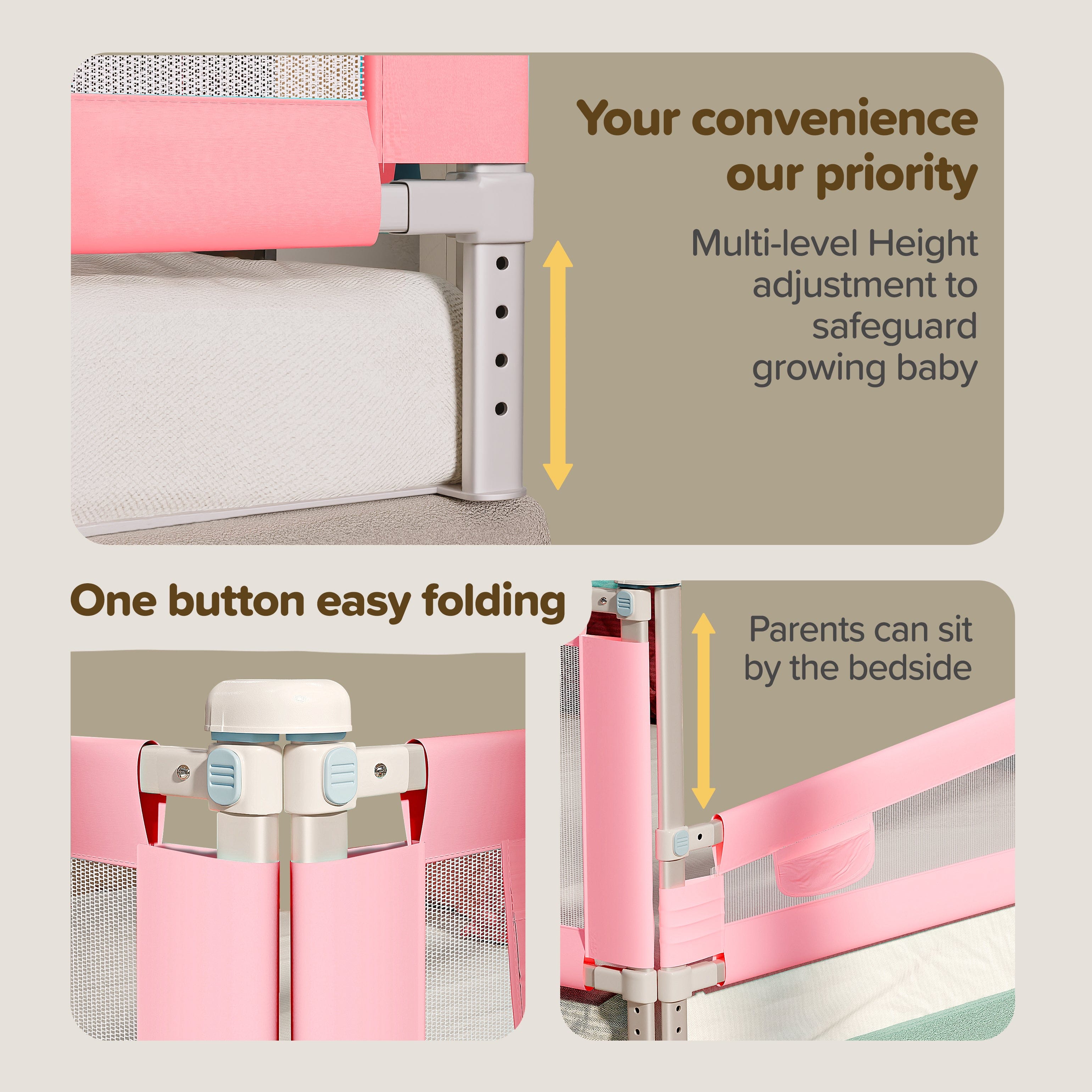 LuvLap Comfy Baby Bed Rail Guard (6 ft x 2.3 ft), 180cmx72cm, Bed Rails for Baby & Toddler Safety, Portable, Adjustable Height, Single Side Bed Rail, Pack of 1, Printed Pink