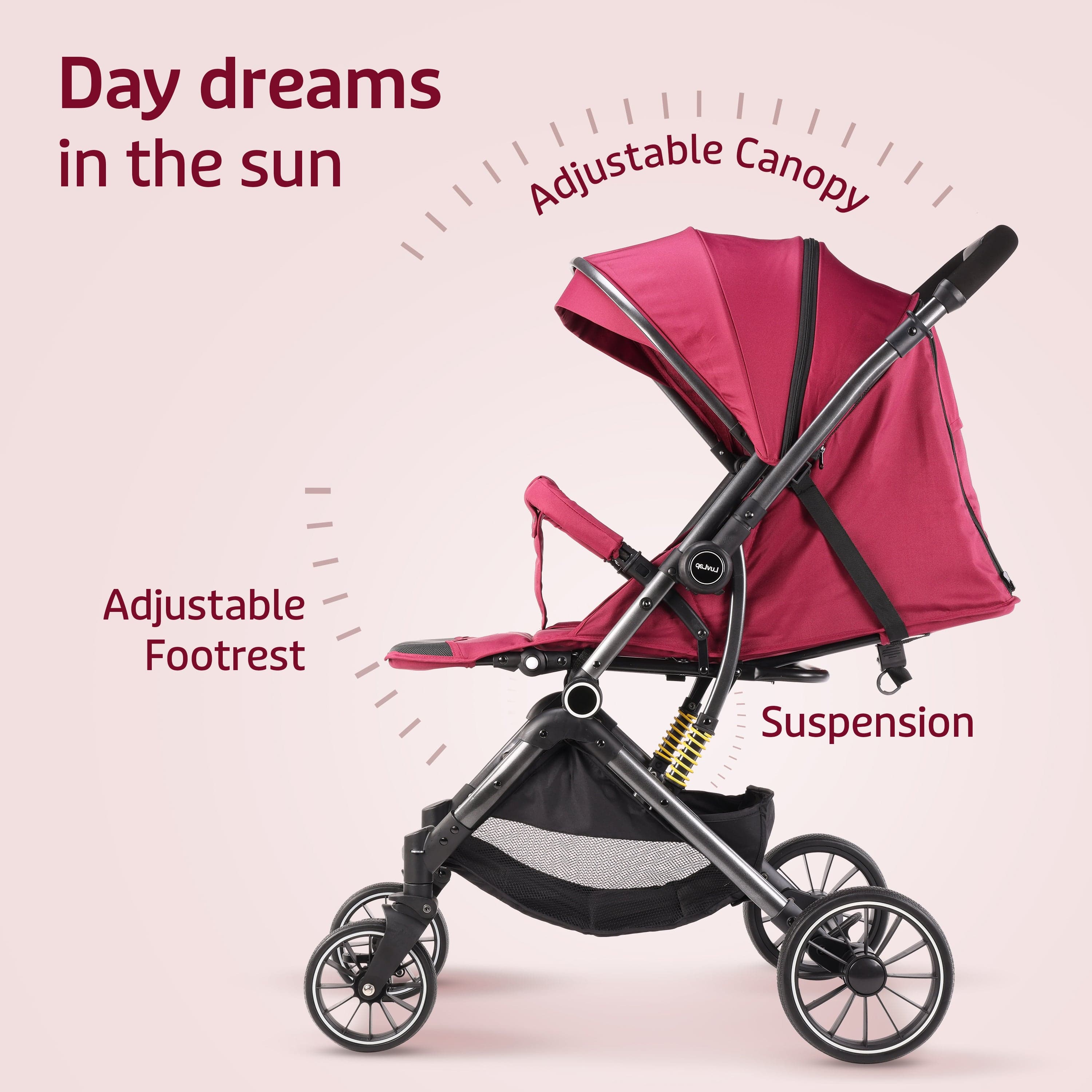 luvlap Alpha Baby Stroller/Pram, One Fold, Travel Friendly, 5 Point Safety Harness, Reversible Handle bar, Multilevel Recline & Adjustable footrest, Extendable Canopy, for Babies 0-3 Years (Red)