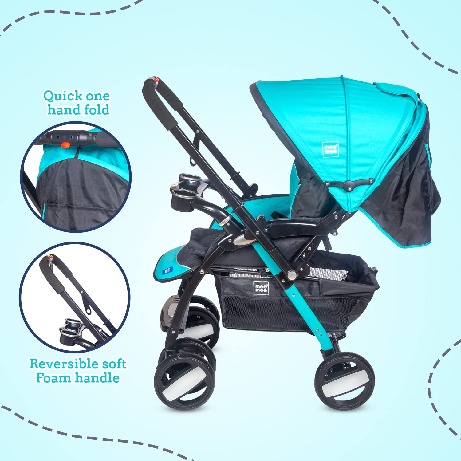 Mee Mee Advanced Baby Pram with Shock Absorber Wheels (Dark Blue)