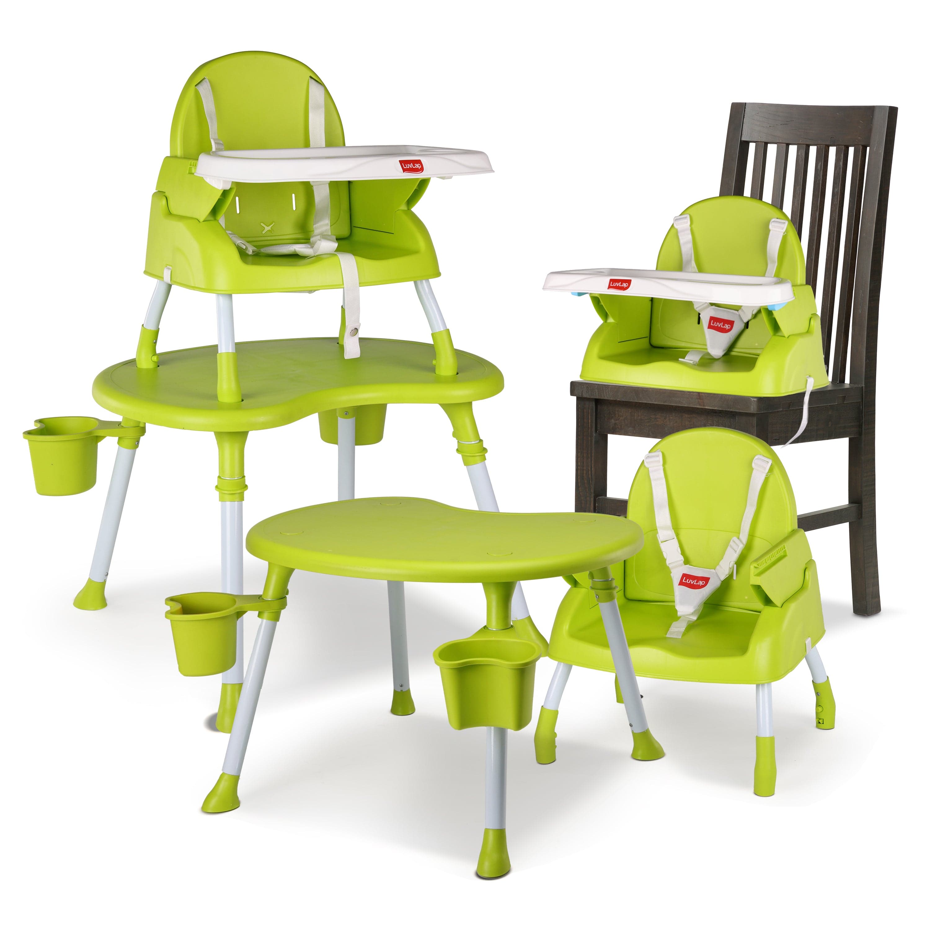 luvlap 4 in 1 Convertible Baby High Chair with 3 point Safety belts, High Chair, Low Chair, Booster Chair and Table for baby, Removable & washable food tray 6 months+ (Green)