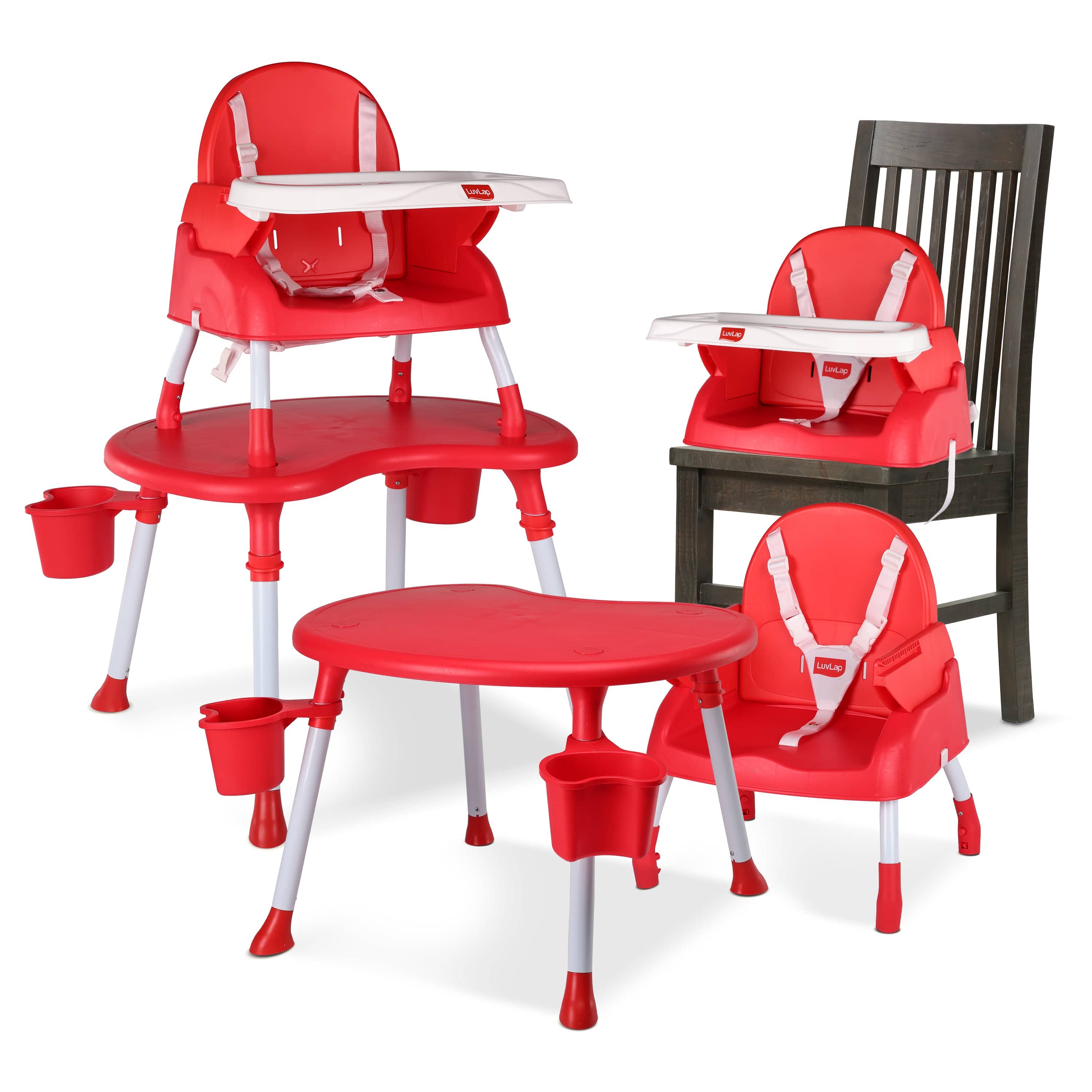 luvlap 4 in 1 Convertible Baby High Chair with 3 Point Safety Belts, High Chair, Low Chair, Booster Chair and Table for Baby, Removable & Washable Food Tray 6 Months+ (Red)