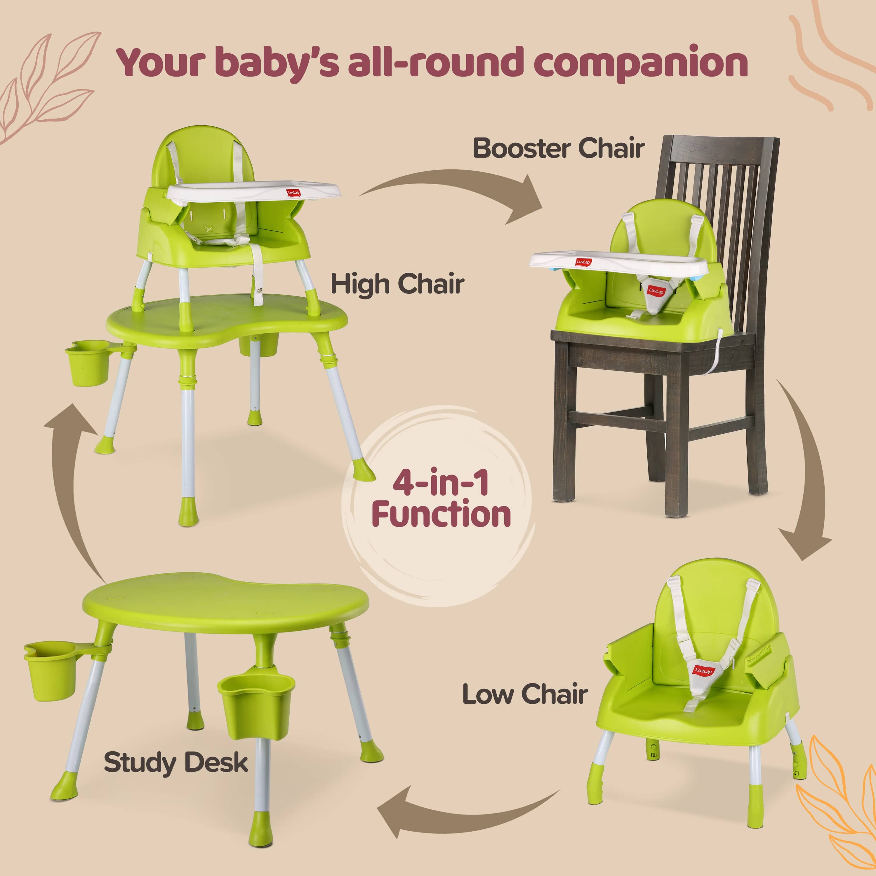luvlap 4 in 1 Convertible Baby High Chair with 3 point Safety belts, High Chair, Low Chair, Booster Chair and Table for baby, Removable & washable food tray 6 months+ (Green)