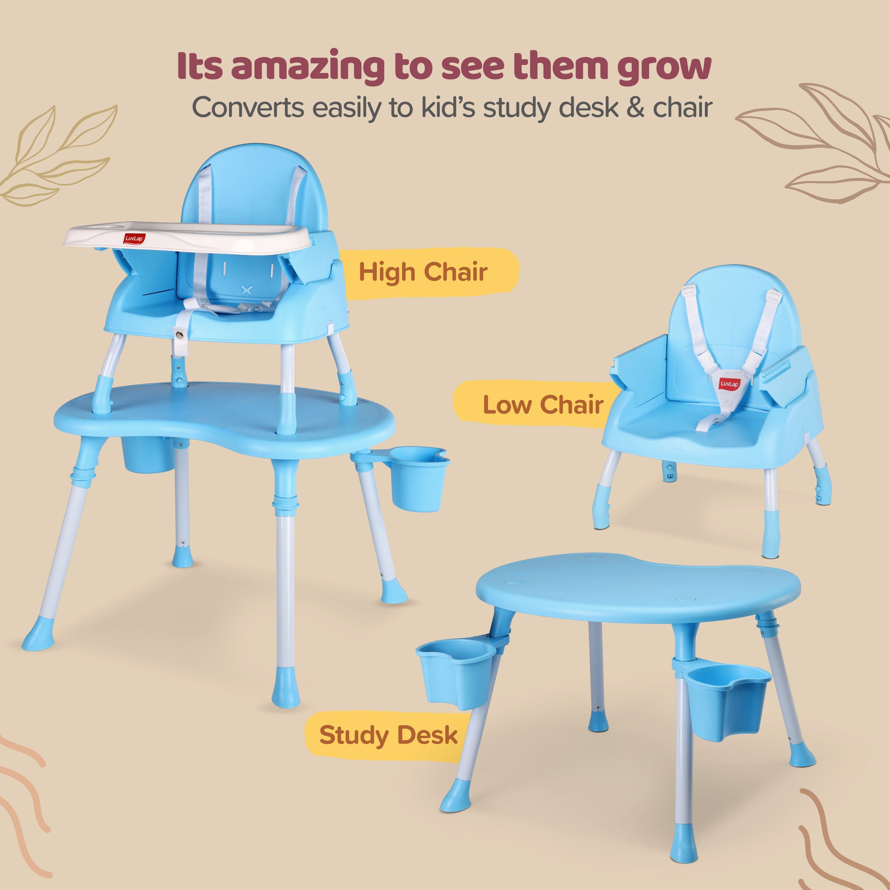 luvlap 4 in 1 Convertible Baby High Chair with 3 Point Safety Belts, High Chair, Low Chair, Booster Chair and Table for Baby, Removable & Washable Food Tray 6 Months+ (Blue)
