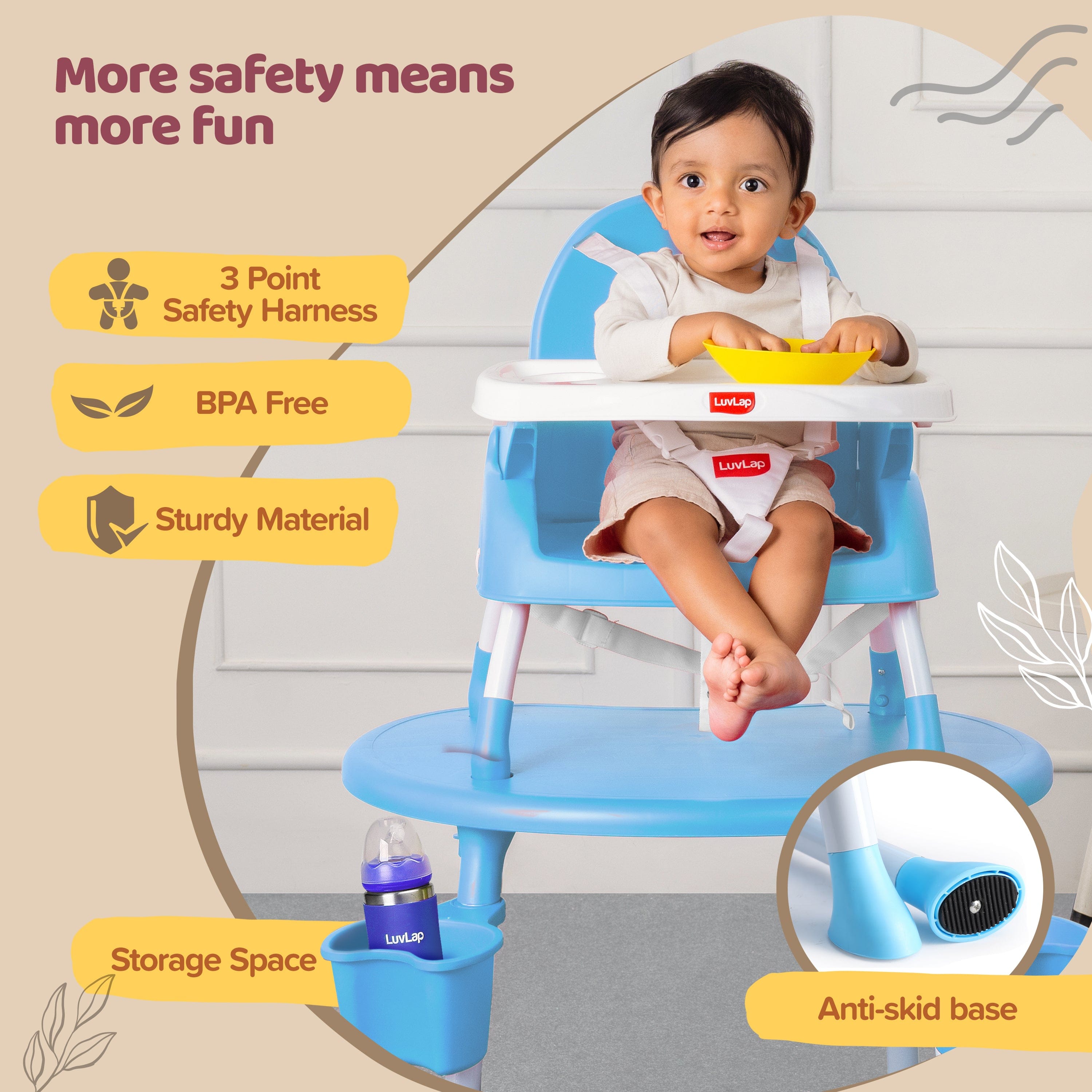 luvlap 4 in 1 Convertible Baby High Chair with 3 Point Safety Belts, High Chair, Low Chair, Booster Chair and Table for Baby, Removable & Washable Food Tray 6 Months+ (Blue)