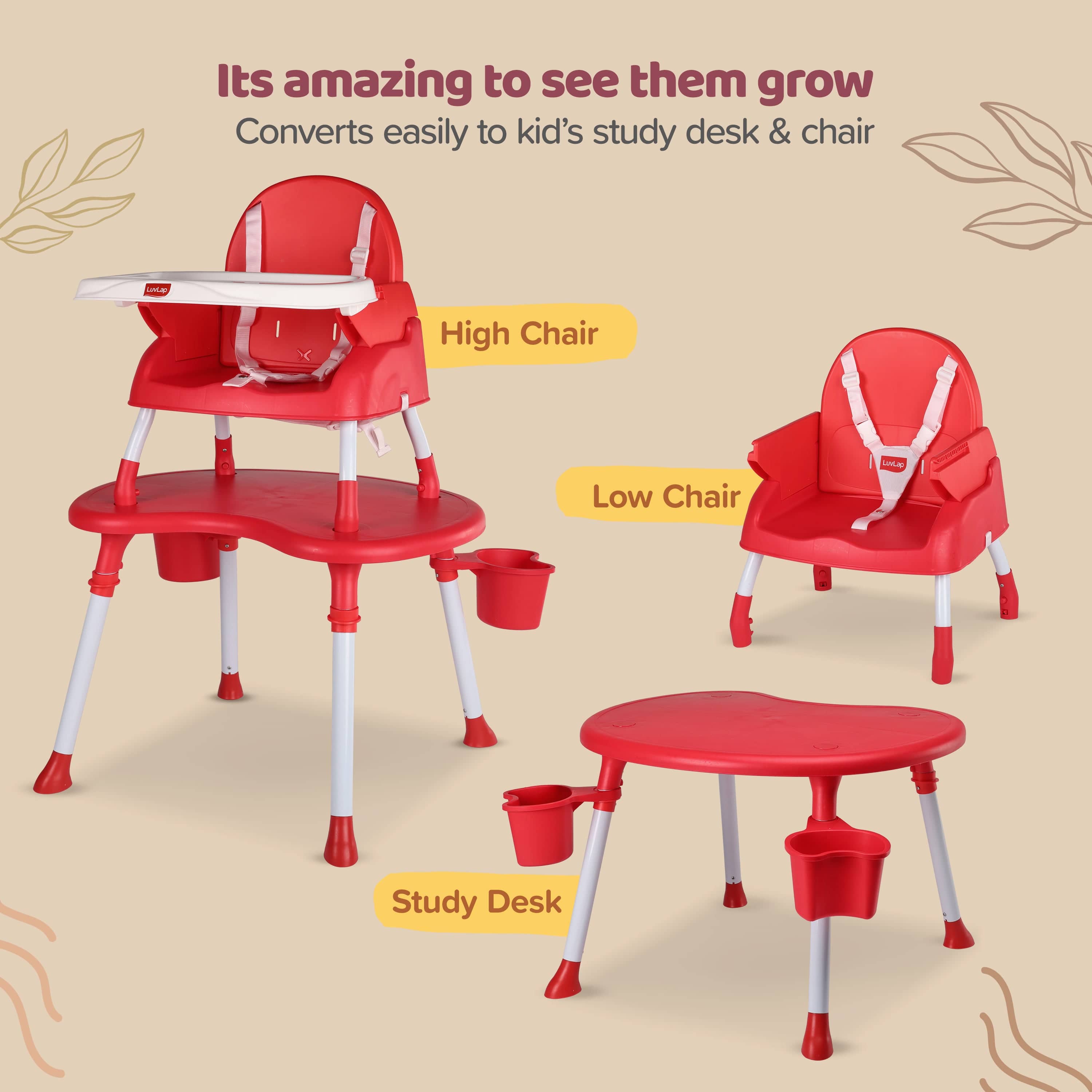 luvlap 4 in 1 Convertible Baby High Chair with 3 Point Safety Belts, High Chair, Low Chair, Booster Chair and Table for Baby, Removable & Washable Food Tray 6 Months+ (Red)