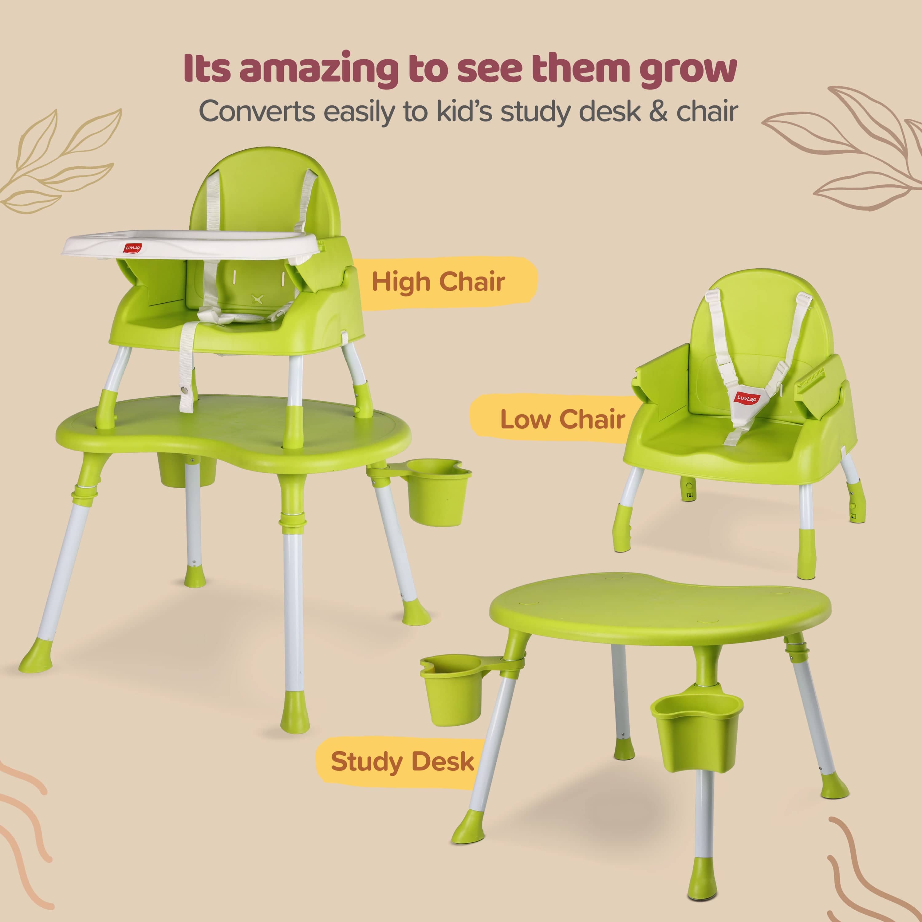 luvlap 4 in 1 Convertible Baby High Chair with 3 point Safety belts, High Chair, Low Chair, Booster Chair and Table for baby, Removable & washable food tray 6 months+ (Green)