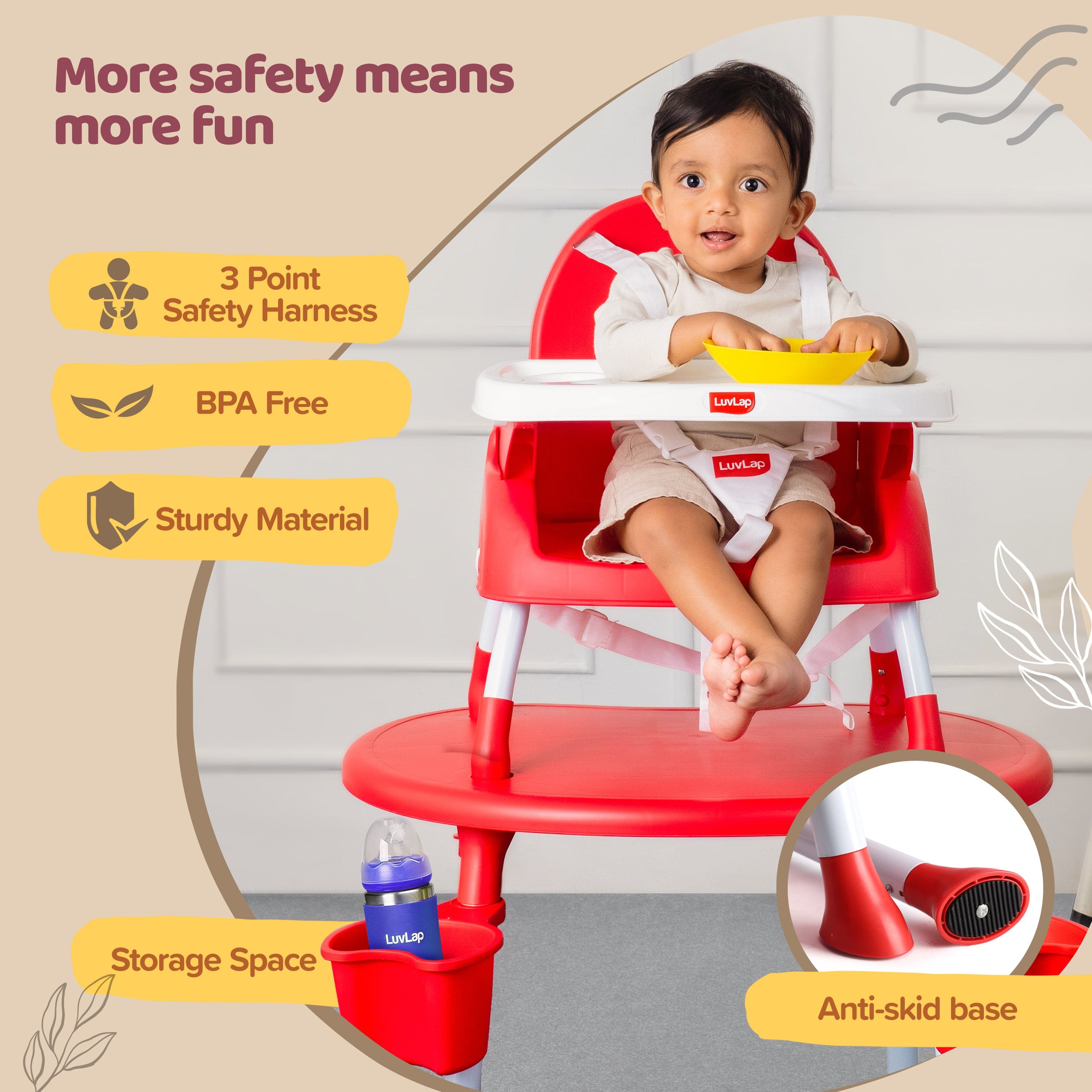 luvlap 4 in 1 Convertible Baby High Chair with 3 Point Safety Belts, High Chair, Low Chair, Booster Chair and Table for Baby, Removable & Washable Food Tray 6 Months+ (Red)