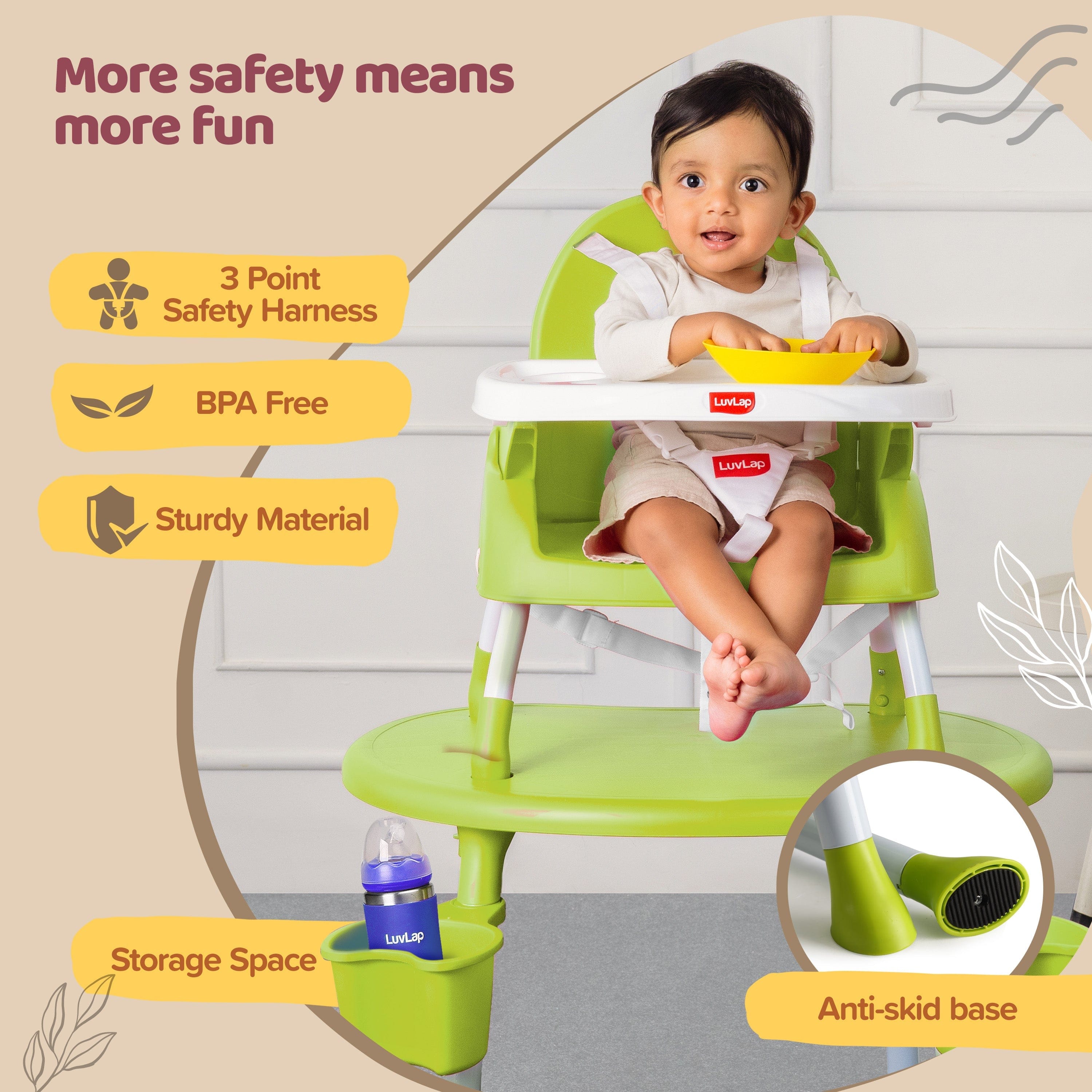 luvlap 4 in 1 Convertible Baby High Chair with 3 point Safety belts, High Chair, Low Chair, Booster Chair and Table for baby, Removable & washable food tray 6 months+ (Green)