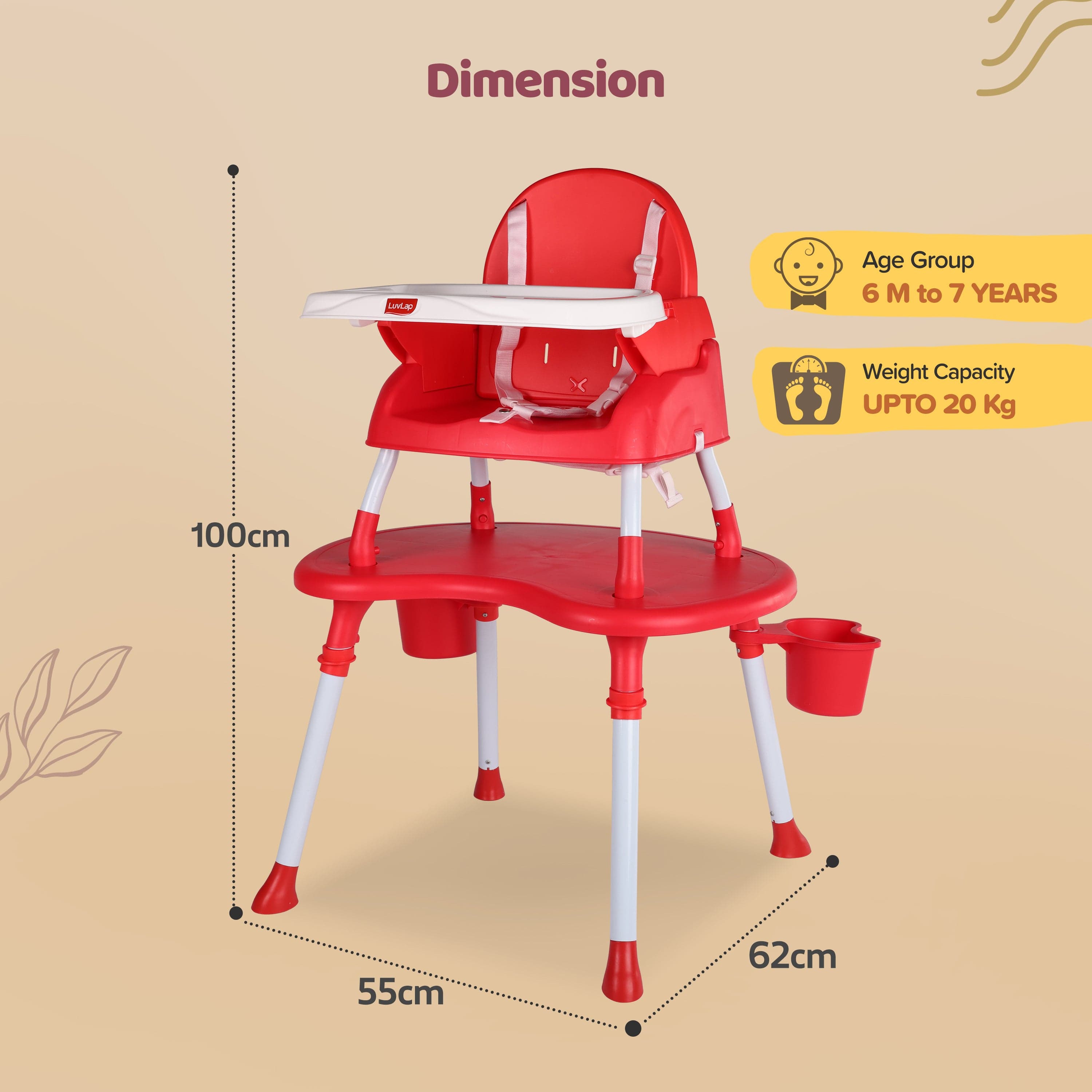luvlap 4 in 1 Convertible Baby High Chair with 3 Point Safety Belts, High Chair, Low Chair, Booster Chair and Table for Baby, Removable & Washable Food Tray 6 Months+ (Red)