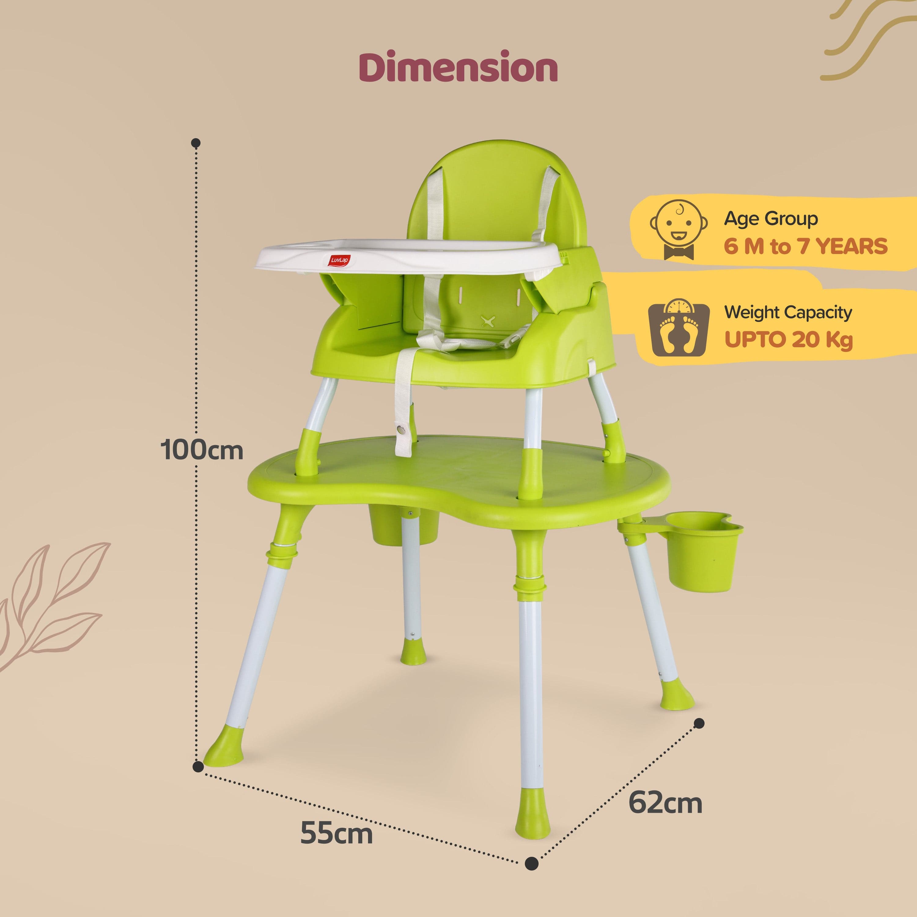 luvlap 4 in 1 Convertible Baby High Chair with 3 point Safety belts, High Chair, Low Chair, Booster Chair and Table for baby, Removable & washable food tray 6 months+ (Green)